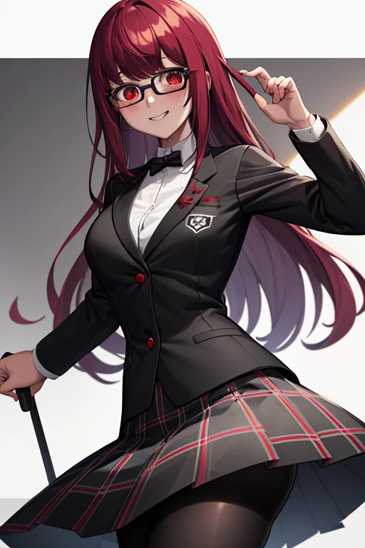 masterpiece, best quality, absurdres, perfect anatomy, 1girl, solo, Yoshizawa Sumire, long hair, glasses, shuujin academy school uniform, black jacket, plaid skirt, black pantyhose, white shirt,  standing, smile,