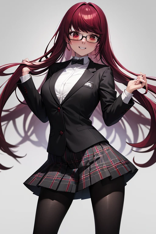 masterpiece, best quality, absurdres, perfect anatomy, 1girl, solo, Yoshizawa Sumire, long hair, glasses, shuujin academy school uniform, black jacket, plaid skirt, black pantyhose, white shirt,  standing, smile,