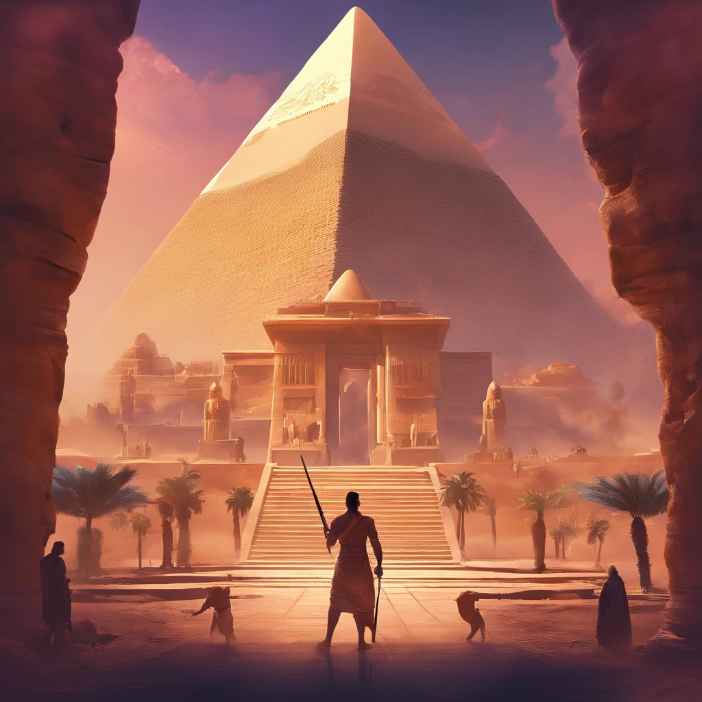 ((ambiance hypnotique)), Deux momies égyptiennes à l’intérieur d’une pyramide, Deux hommes qui ont l’air de danser, (effet psychédélique), paysage de l'Egypte antique, représentation des dieux egyptiens,