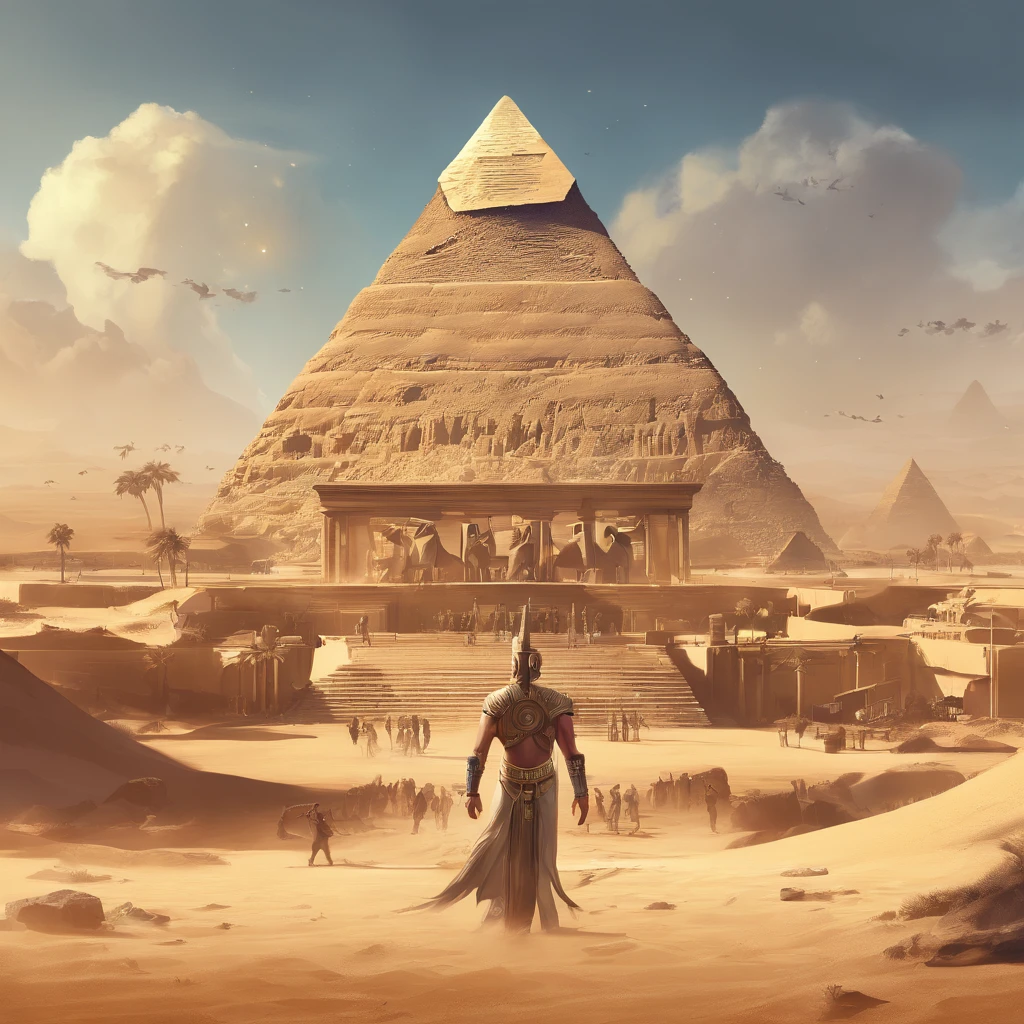 ((ambiance hypnotique)), Deux momies égyptiennes à l’intérieur d’une pyramide, Deux hommes qui ont l’air de danser, (effet psychédélique), paysage de l'Egypte antique, représentation des dieux egyptiens,