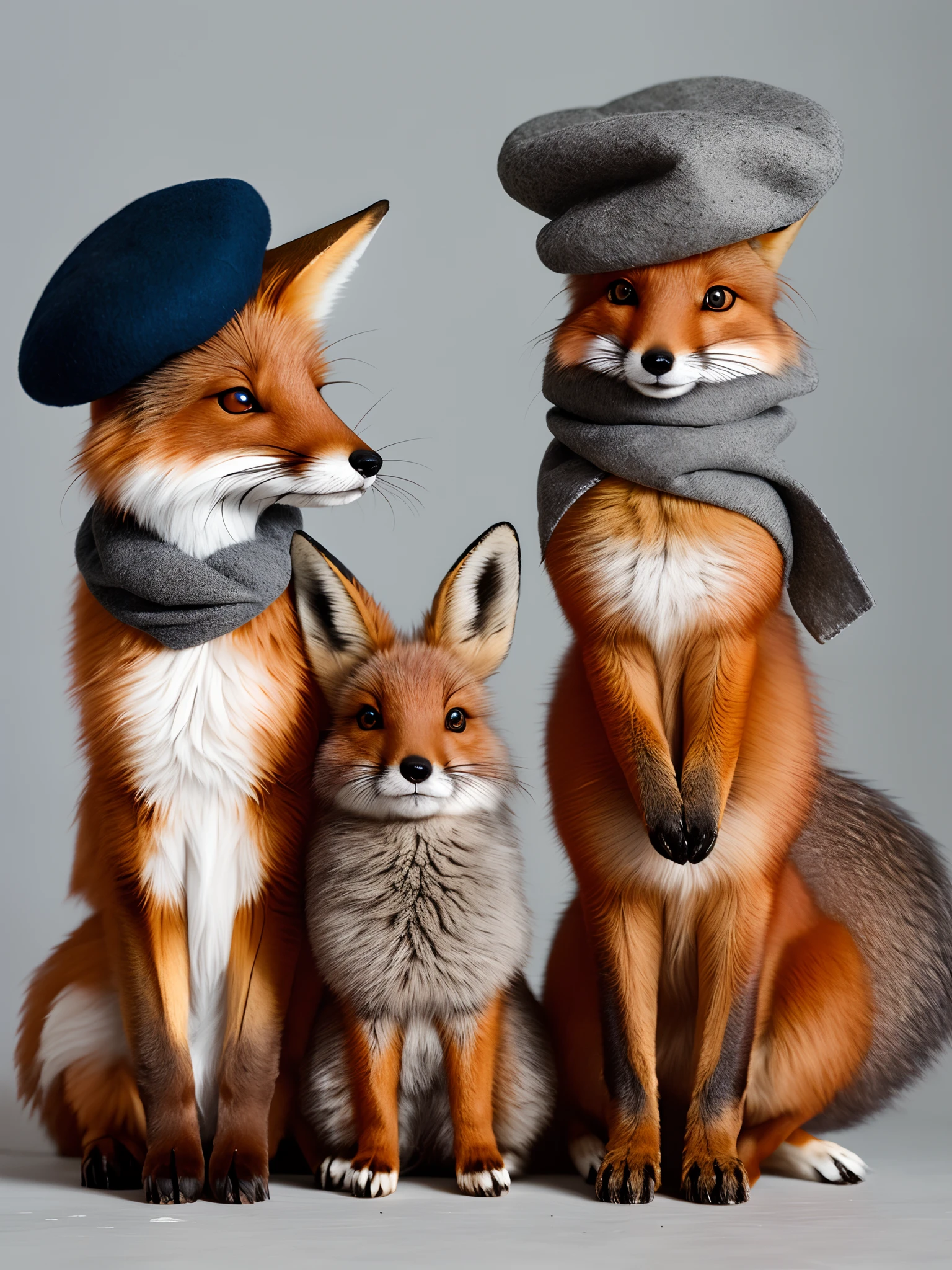 A brown fox wearing a beret and a grey bunny next to the fox