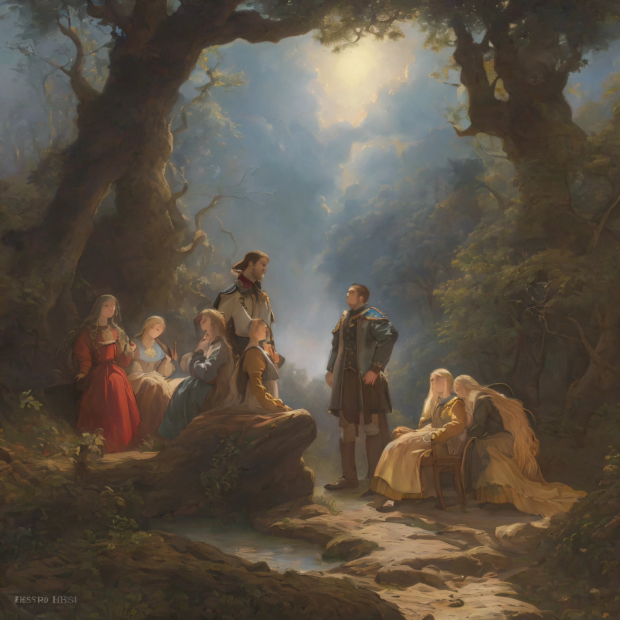 pintura de um grupo de pessoas sentadas em uma rocha em uma floresta, inspirado em Carl Heinrich Bloch, inspired by Théodore Chassériau, Arte de Edouard Bisson, kramskoi 4 mil, Mystical scene, romantismo pintura, Directed by: Emile Lahner, Tuomas Korpi e Wlop, Albert Bierstadt e Artgerm