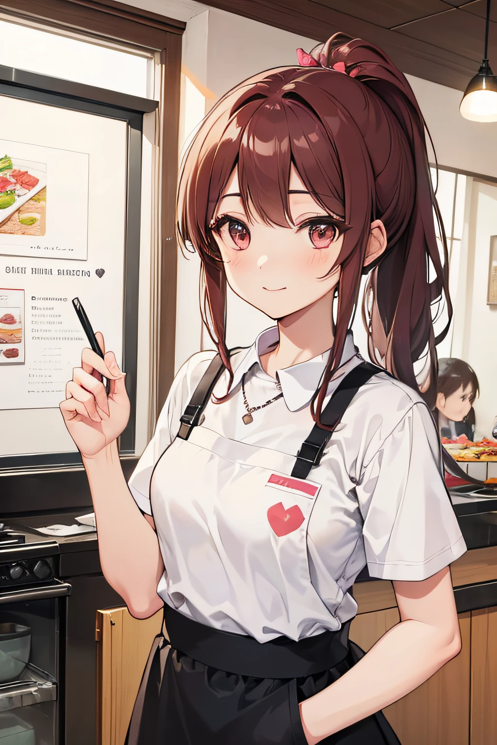 Great! Let's create a character concept:
Name: Sakura Tanaka
Appearance:
- Hair: Long, chestnut brown hair, tied back in a ponytail for practicality during work.
- Eyes: Warm brown eyes that reflect her friendly and approachable nature.
- Outfit: A simple yet cute restaurant uniform with a pastel color scheme, reflecting the establishment's atmosphere.
Accessories:
- She wears a small, heart-shaped pendant necklace that was a gift from her grandmother.
- Practical apron with pockets to hold pens and order pads.
Personality:
- Sakura is cheerful and diligent, always ready to greet customers with a smile.
- Enjoys her job and finds fulfillment in making people happy through good food and service.
- Dreamy and optimistic, with a passion for cooking and hopes of owning her own restaurant someday.
Background:
- Born and raised in the city, Sakura grew up surrounded by diverse cuisines, fueling her love for food.
- Trained as a chef but currently works as a waitress to gain experience in all aspects of the restaurant business.
Feel free to adjust or add details based on your preferences!