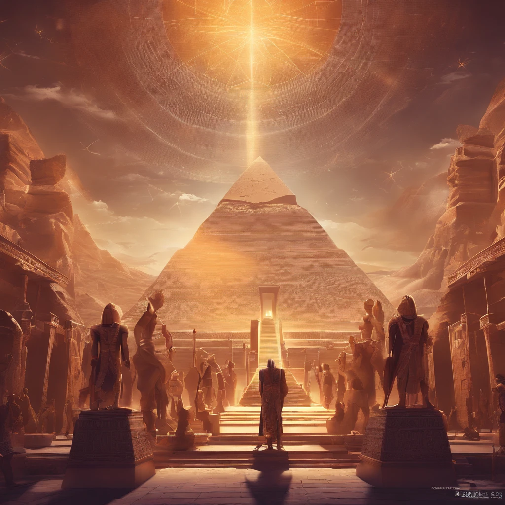 ((ambiance hypnotique)), Deux momies égyptiennes à l’intérieur d’une pyramide, Deux hommes qui ont l’air de danser, (effet psychédélique), paysage de l'Egypte antique, représentation des dieux egyptiens,