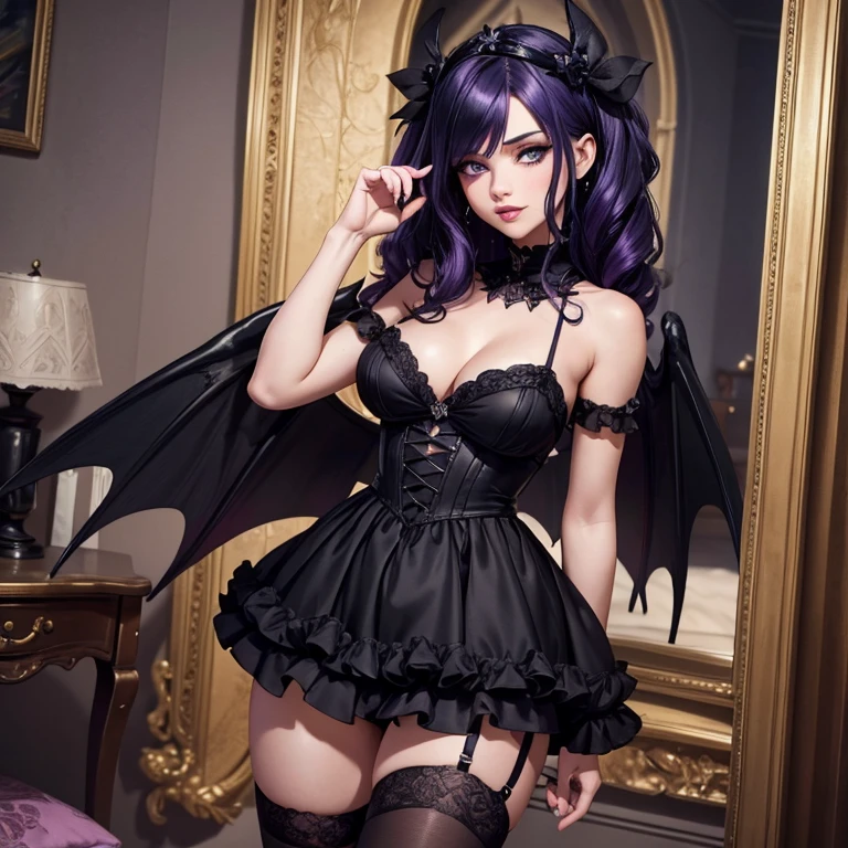 A Fairy, Dark Fairy Wings , Black Dress, Gothic Style, Loita Dress, Black Boots, Black Stockings, Dark and Purple Hair , blushing face ,Gothic make-up, (Best quality:1.1), (Masterpiece:1.4), 1fille, (cheveux volumineux)+ , cheveux longs , (Yeux Bleux) , Cheveux courts, gros seins , (big lips)+ , peau brillante, brillant, starry night, dans une chambre, Bas dentelle,