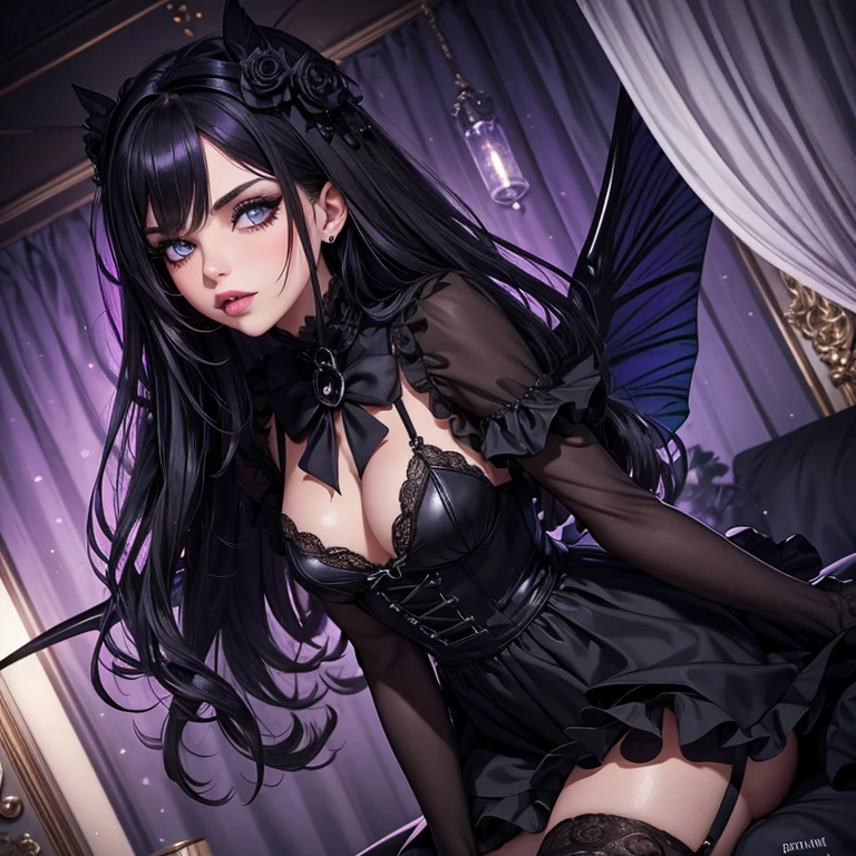 A Fairy, Dark Cristal Wings , Black Dress, Gothic Style, Loita Dress, Black Boots, Black Stockings, Dark and Purple Hair , blushing face ,Gothic make-up, (Best quality:1.1), (Masterpiece:1.4), 1fille, (cheveux volumineux)+ , cheveux longs , (Yeux Bleux) , Cheveux courts, gros seins , (big lips)+ , peau brillante, brillant, starry night, dans une chambre, Bas dentelle,