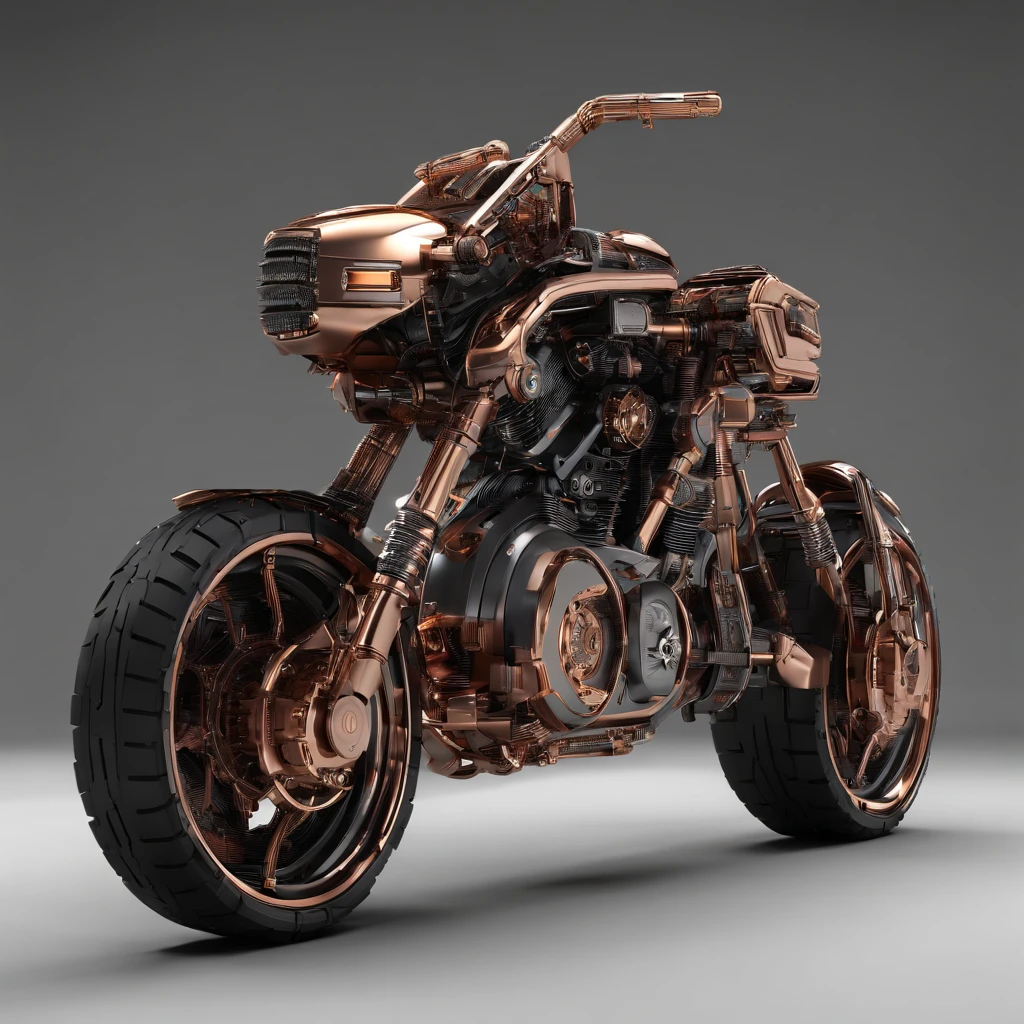 (masterpiece, best quality, ultra-detailed, photorealistic), vehicle concept design, a futuristic harley davidson copper, strong, powerful, sleek