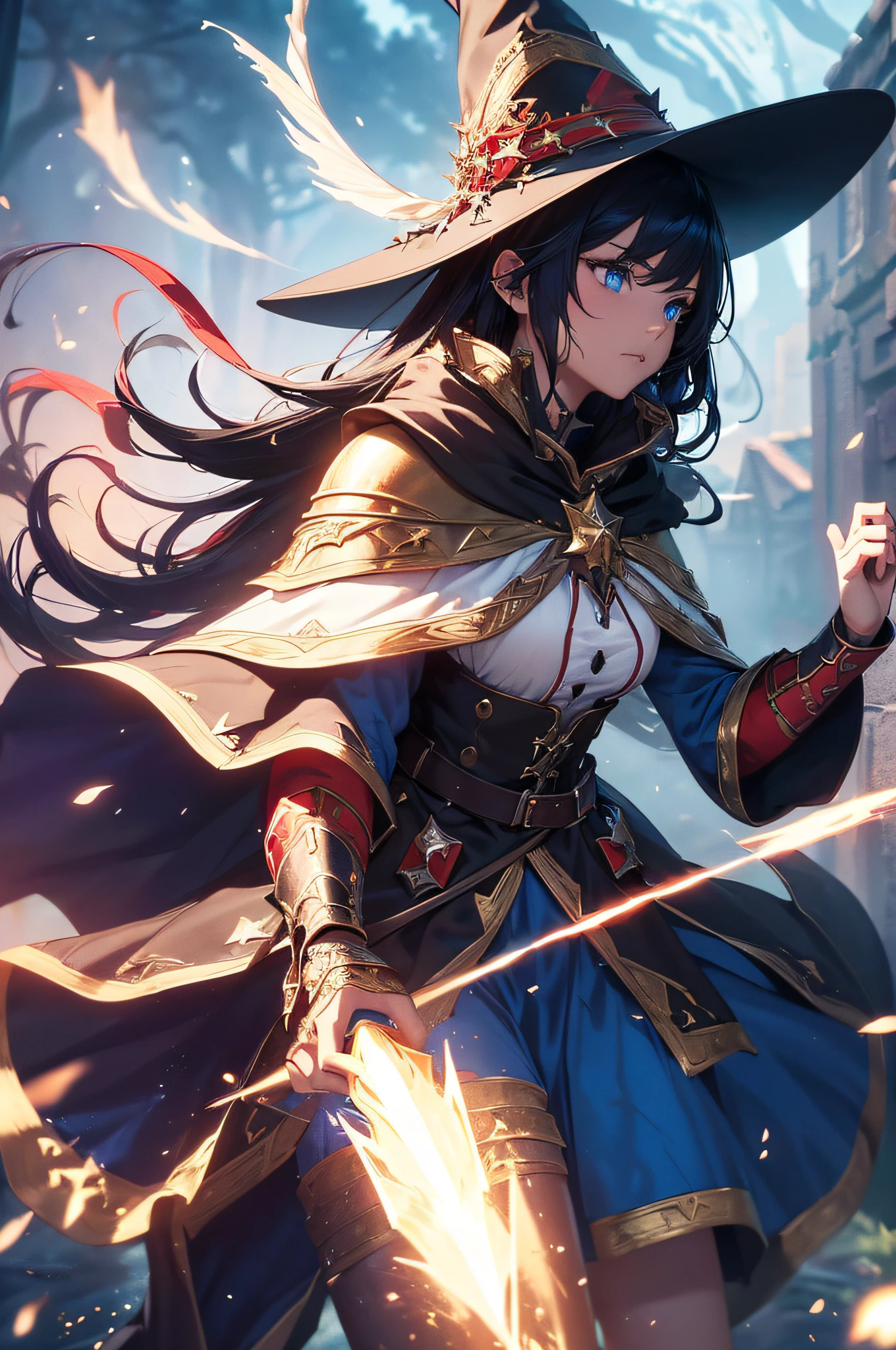 (mage), (powerful), (magical), (MMORPG), (Christmas-themed armor), (cape), (black hair), (blue eyes), (red skin tone), (staff in hands), (witch hat), (red), (vibrant colors), (detailed), (high-res), (fantasy), (adventurous), (mysterious), (action-packed), (spellbinding), (dynamic lighting), (epic), (enchanted), (otherworldly), (immersive), (intricate details), (impressive), (captivating), (stunning), (masterpiece:1.2), (ultra-detailed), (photorealistic:1.37), (bokeh), (magical atmosphere), (dynamic poses), (heroic), (mythical creatures), (fierce expression), (battle-ready), (explosive magic), (dreamlike), (majestic)