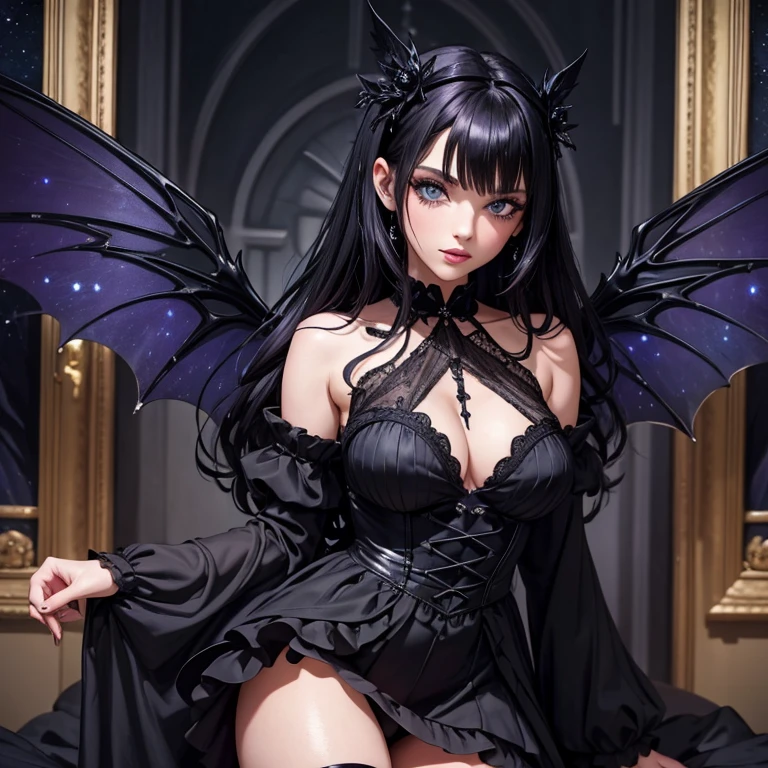 A Fairy, Black Fairy Wings , Black Dress, Gothic Style, Loita Dress, Black Boots, Black Stockings, Dark and Purple Hair , blushing face ,Gothic make-up, (Best quality:1.1), (Masterpiece:1.4), 1fille, (cheveux volumineux)+ , cheveux longs , (Yeux Bleux) , Cheveux courts, gros seins , (big lips)+ , peau brillante, brillant, starry night, dans une chambre, Bas dentelle,