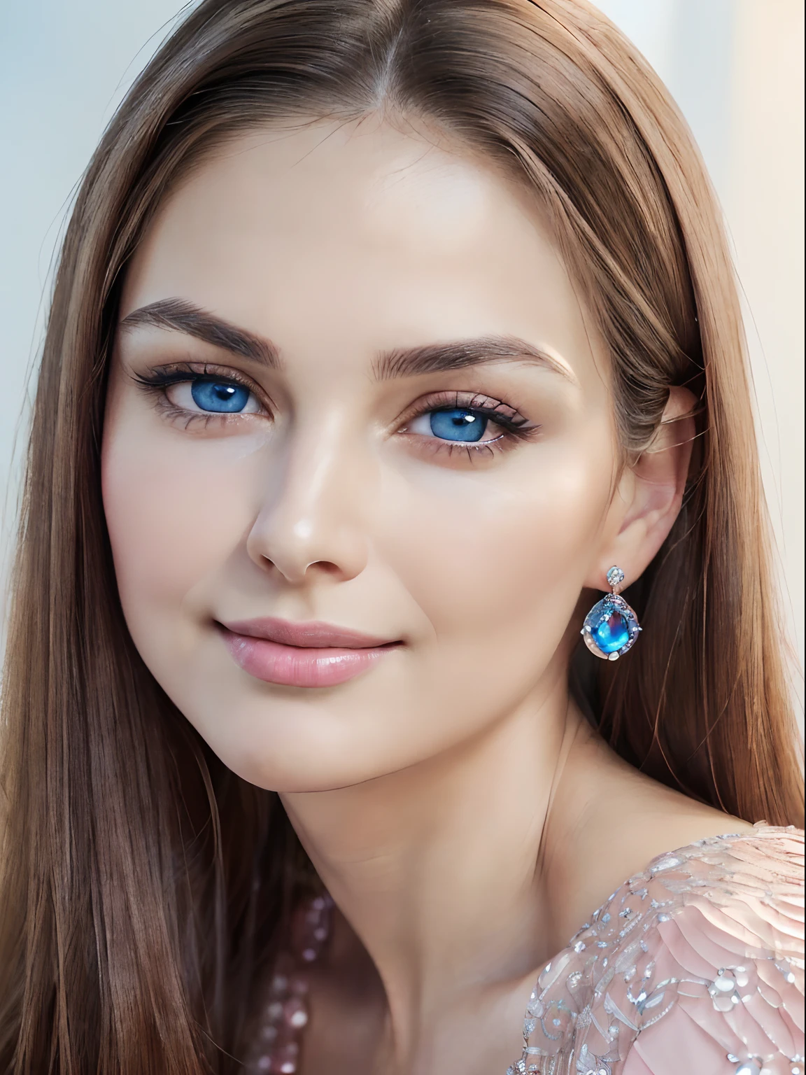 (Masterpiece), (Realistic), (Best Quality), headshot, (Beautiful +(attractive+(lovely+cute+feminine)), mature 35 years woman, oval face shape, straight+brown+hair, big+upturned+crystal+blue+eyes, rounded+thin+eyebrows, (big+round+feminine+cheeks), ((round cheekbones)) , pink+lips, rounded+chin, smiling adorable expression