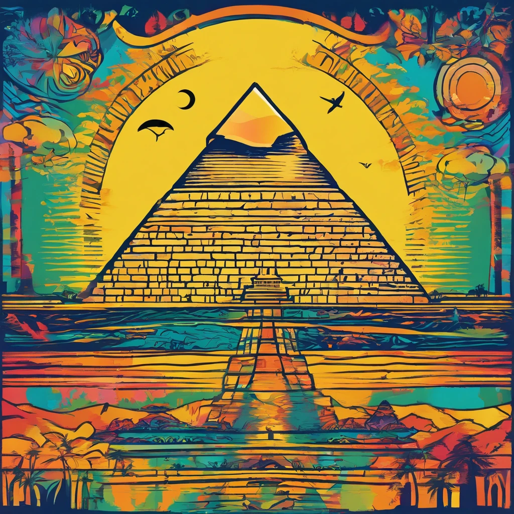 ((ambiance hypnotique)), Deux momies égyptiennes à l’intérieur d’une pyramide, Deux hommes qui ont l’air de danser, (effet psychédélique), paysage de l'Egypte antique, représentation des dieux egyptiens,