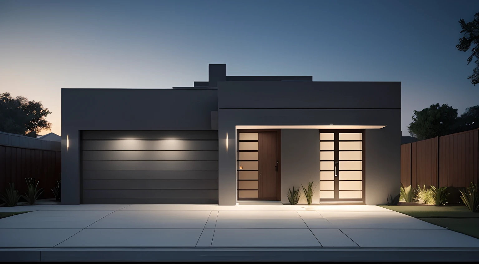 Southwest front view of a house, estilo moderno, garagem, porta, janela, entrada concretada, Lumion Pro rendering, night ligthning, cinematic quality