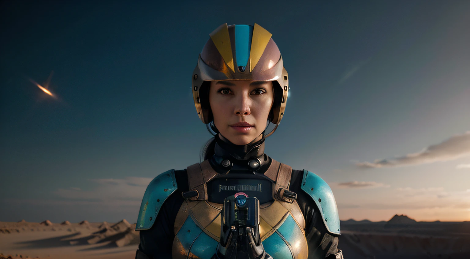 A Robot sexy Girl with helmet and the Rocketeer style, tongs in hands, Tv head, pinhead, Black and Yellow Pink Cyan Rusty, Ambient in a meteorite crater super detailed, center, beautiful, soft lighting, focused on the character, 4K resolution, photorealistic rendering.