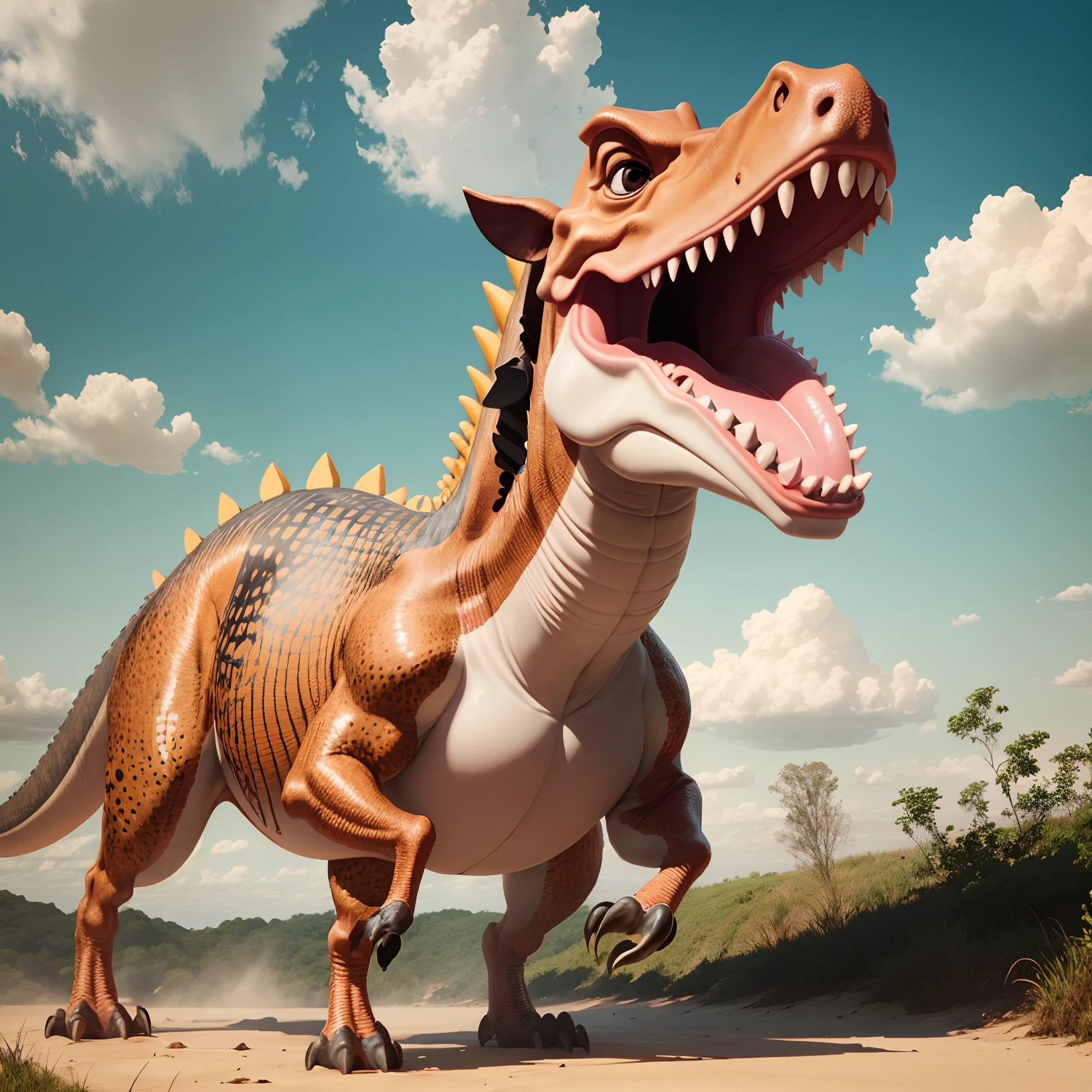 Dinossauro dirigindo um camomhao de bombeiros, imagem em 3d, highes definition