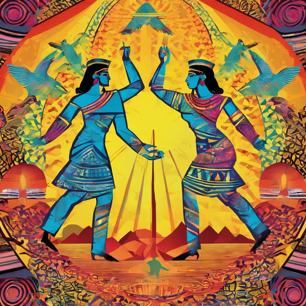 ((ambiance hypnotique)), Deux momies égyptiennes à l’intérieur d’une pyramide, Deux hommes qui ont l’air de danser, (effet psychédélique), paysage de l'Egypte antique, représentation des dieux egyptiens,