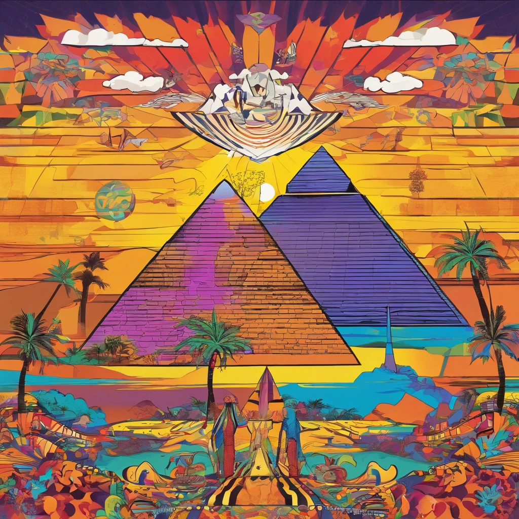 ((ambiance hypnotique)), Deux momies égyptiennes à l’intérieur d’une pyramide, Deux hommes qui ont l’air de danser, (effet psychédélique), paysage de l'Egypte antique, représentation des dieux egyptiens,