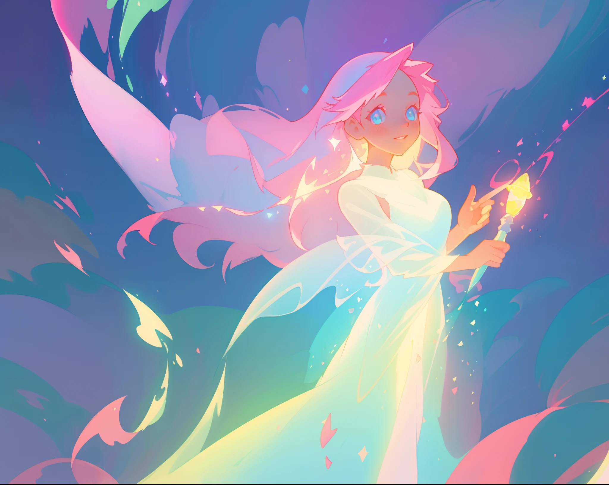 beautiful girl in glowing white dress, ((flowing white ballgown)), vibrant pastel colors, (colorful), magical lights, long flowing colorful pink hair, ((glowing aura around her)), flowing glowing hair, fantasia landscape background, whimsical, magical, fantasy, beautiful face, ((masterpiece, best quality)), intricate details, highly detailed, sharp focus, 8k resolution, sparkling detailed eyes, liquid watercolor