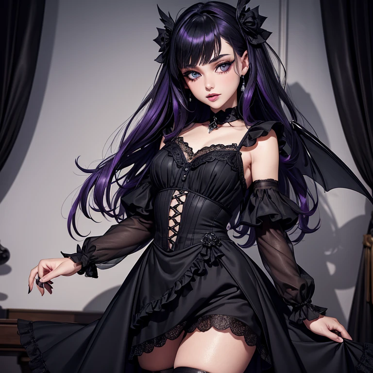 A Fairy, Dark Fairy Wings , Black Dress, Gothic Style, Dark lips, Loita Dress, Black Boots, Black Stockings, Dark and Purple Hair , blushing face ,Gothic make-up, (Best quality:1.1), (Masterpiece:1.4), 1fille, (cheveux volumineux)+ , cheveux longs , (Yeux Bleux) , Cheveux courts, gros seins , (big lips)+ , peau brillante, brillant, starry night, dans une chambre, Bas dentelle,