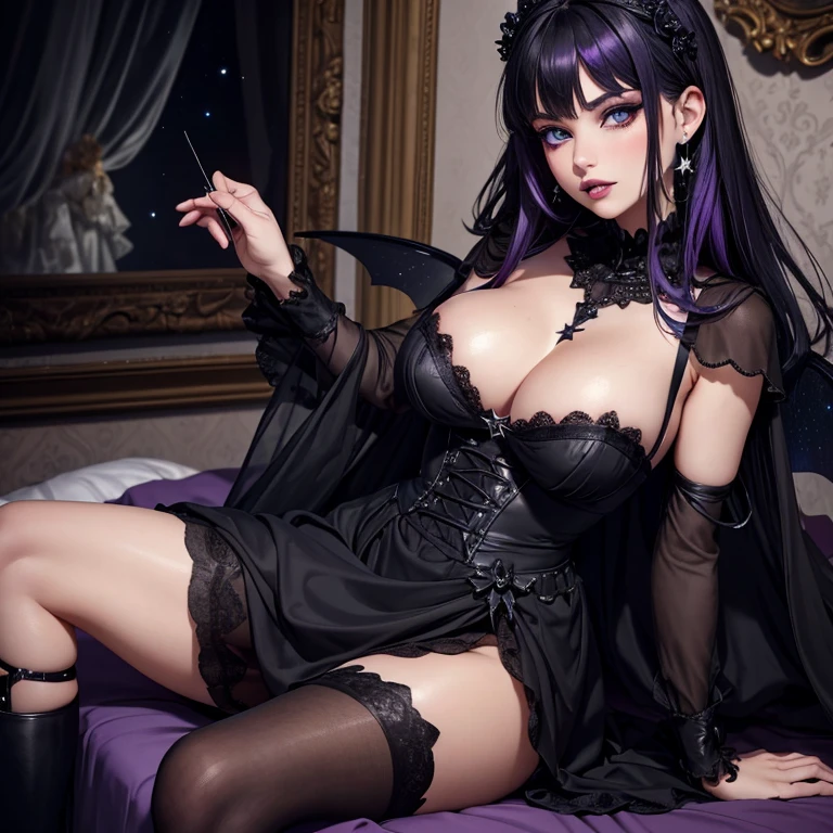 A Fairy, Dark Fairy Wings , Black Dress, Gothic Style, Dark lips, Loita Dress, Black Boots, Black Stockings, Dark and Purple Hair , blushing face ,Gothic make-up, (Best quality:1.1), (Masterpiece:1.4), 1fille, (cheveux volumineux)+ , cheveux longs , (Yeux Bleux) , Cheveux courts, gros seins , (big lips)+ , peau brillante, brillant, starry night, dans une chambre, Bas dentelle,