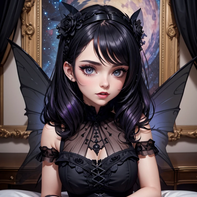 A Fairy, Dark Fairy Wings , Black Dress, Gothic Style, Dark lips, Loita Dress, Black Boots, Black Stockings, Dark and Purple Hair , blushing face ,Gothic make-up, (Best quality:1.1), (Masterpiece:1.4), 1fille, (cheveux volumineux)+ , cheveux longs , (Yeux Bleux) , Cheveux courts, gros seins , (big lips)+ , peau brillante, brillant, starry night, dans une chambre, Bas dentelle,