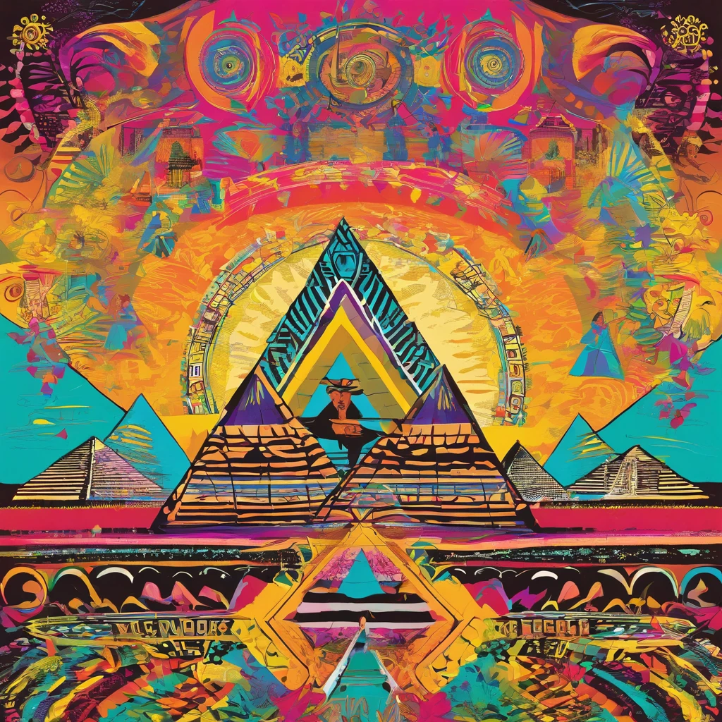 ((ambiance hypnotique)), Deux momies égyptiennes à l’intérieur d’une pyramide, Deux hommes qui ont l’air de danser, (effet psychédélique), représentation des dieux egyptiens,