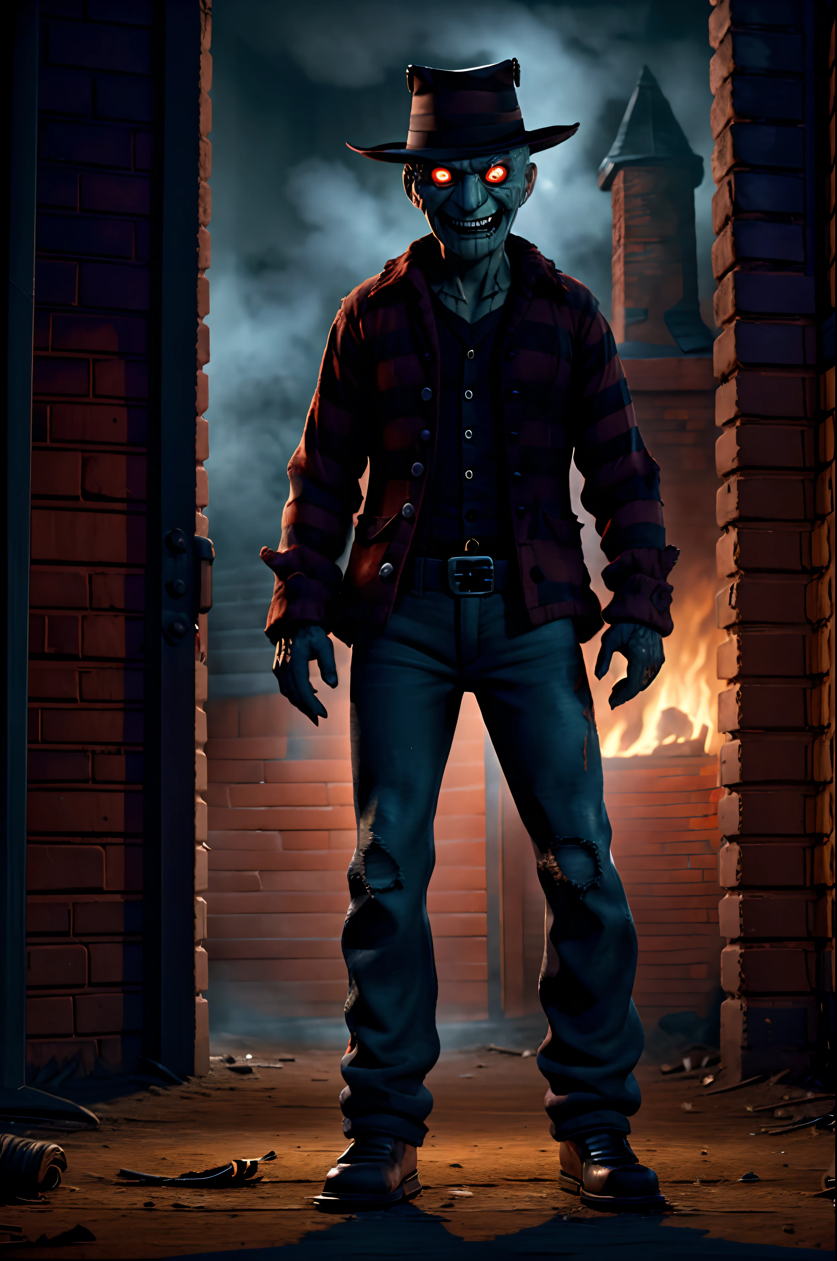 Freddy Krueger Portrait, Generate a realistic portrait of Freddy Krueger from "A Nightmare on Elm Street" with a menacing expression, emphasizing Freddy's burned and scarred face, highlighting the disfigured features, Glove with Blades, Create an image of Freddy Krueger's infamous glove, showcasing the razor-sharp blades with a focus on menacing details, highlighting the worn and sinister appearance of the glove, Nightmare Scene, Generate a nightmarish scene with Freddy Krueger lurking in the shadows, capturing the horror atmosphere of Elm Street, emphasizing low lighting, eerie shadows, and Freddy's ominous presence, Burned and Tattered Attire, Illustrate Freddy Krueger wearing his iconic striped sweater and burned, tattered fedora, emphasizing the details of wear and tear, highlighting the grim and menacing appearance of his clothing, conveying malevolence and evil, emphasizing the burned and sinister look of his eyes, capturing the essence of his character, Nightmare Landscape, Create a surreal nightmare landscape with Freddy Krueger's silhouette haunting the dreamscape, incorporating distorted elements and surreal imagery to enhance the nightmarish atmosphere, Freddy's Laughter, Generate an image capturing Freddy Krueger's sinister laughter, conveying the sadistic pleasure he takes in terrorizing his victims, emphasizing facial expressions that evoke a sense of malevolent glee, Dreamworld Transition, Illustrate a transition between the real world and Freddy's dreamworld, where reality distorts and nightmares come to life, experimenting with surreal elements to convey the dreamlike and terrifying nature of Elm Street, Freddy Emerging from Shadows, Generate an image of Freddy Krueger emerging from the darkness, with his burned and scarred features gradually becoming visible, emphasizing the suspenseful and chilling moment of his reveal, Nightmare on Elm Street Poster, Create a poster-style image capturing the essence of "A Nightmare on Elm Street"