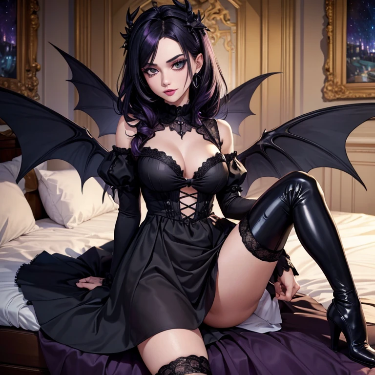 one girl, Dark Fairy Wings , Black Dress, Gothic Style, Black Lips, Loita Dress, Black Boots, Black Stockings, Dark and Purple Hair , blushing face ,Gothic make-up, (Best quality:1.1), (Masterpiece:1.4), 1fille, (cheveux volumineux)+ , cheveux longs , (Yeux Bleux) , Cheveux courts, gros seins , (big lips)+ , peau brillante, brillant, starry night, dans une chambre, Bas dentelle,