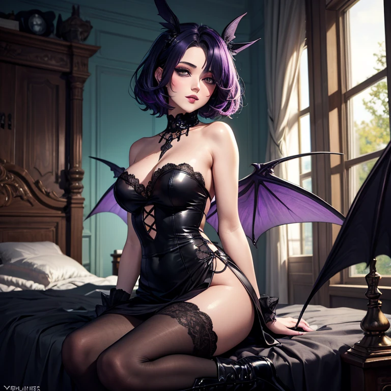 one girl, Dark Fairy Wings , Black Dress, Gothic Style, Black Lips, Loita Dress, Black Boots, Black Stockings, Dark and Purple Hair , blushing face ,Gothic make-up, (Best quality:1.1), (Masterpiece:1.4), 1fille, (cheveux volumineux)+ , cheveux longs , (Yeux Bleux) , Cheveux courts, gros seins , (big lips)+ , peau brillante, brillant, starry night, dans une chambre, Bas dentelle,