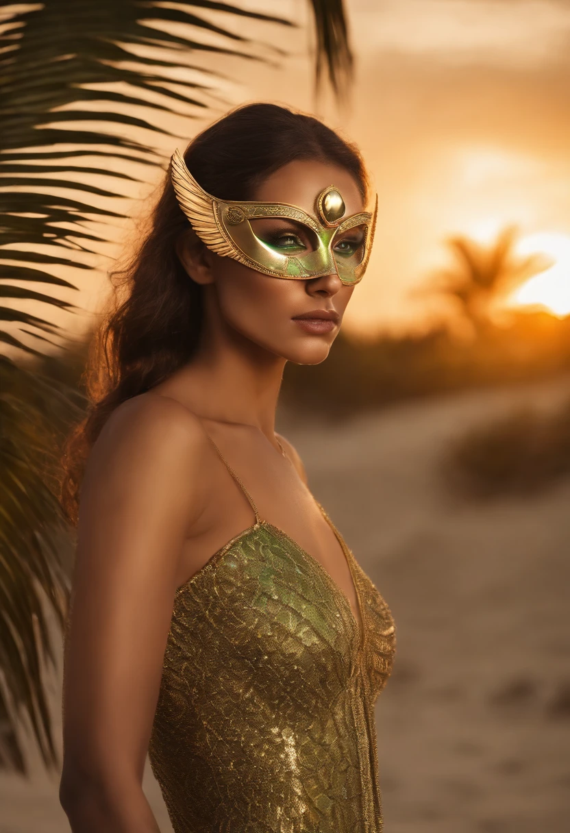 ((best-Quality)), ((ultra resolution)), ((Photorealistic)), (intricate details)Cinematic Lighting, Muted colors, Perfect eyes, 1,5 light face, Hyper realistic photoshoot portrait of a woman with green eyes i futuristic mask inspired by an ancient egypt mask, details, gold, silver, stones, snake, scarab beetle, green eyes, behind her there is a beach with some palmtrees, sunset with a red glowing sun, she leans towards a palmtree