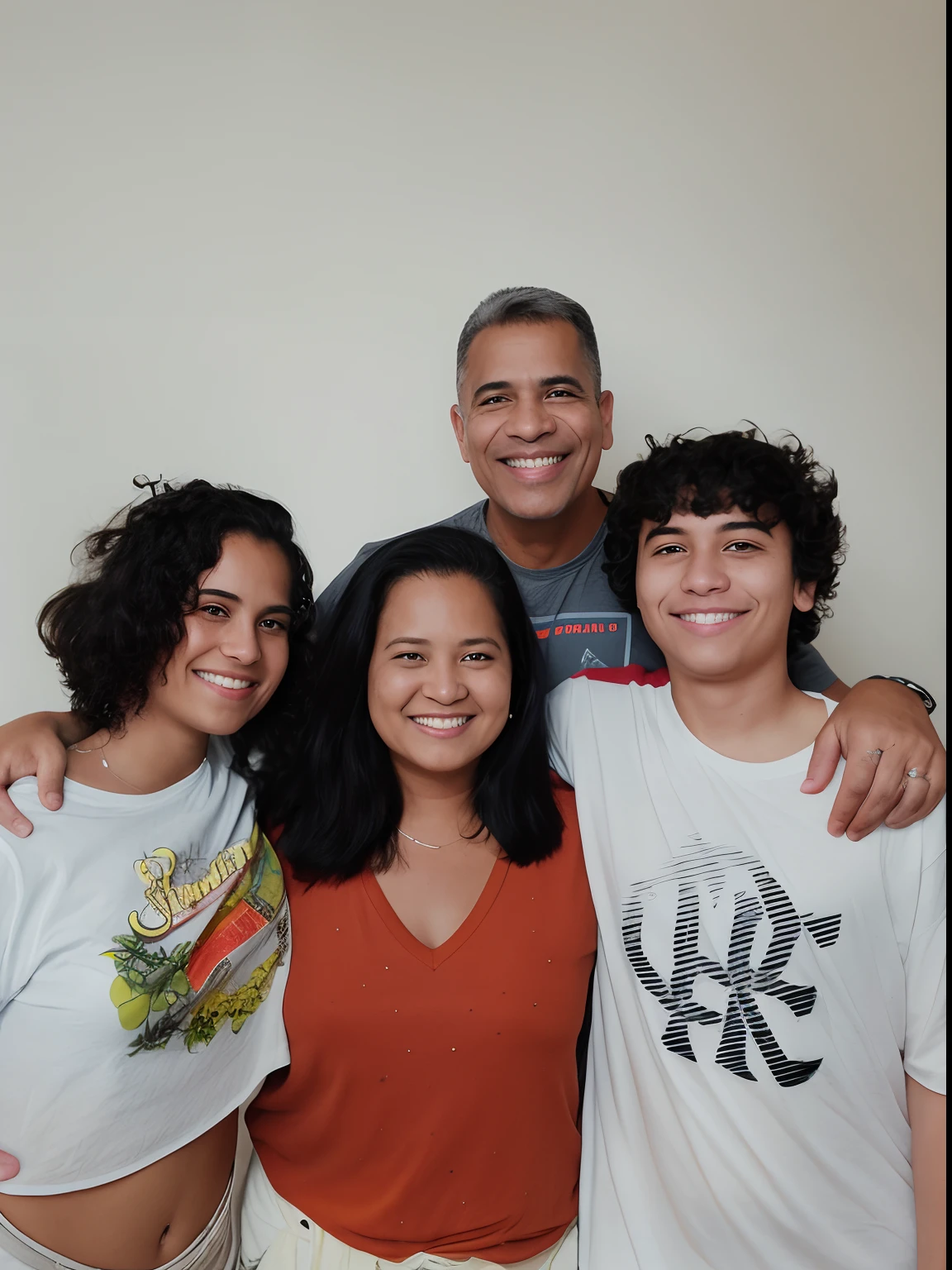 There are four people posing for a photo together, Happy family, pai, mami, filha e filho