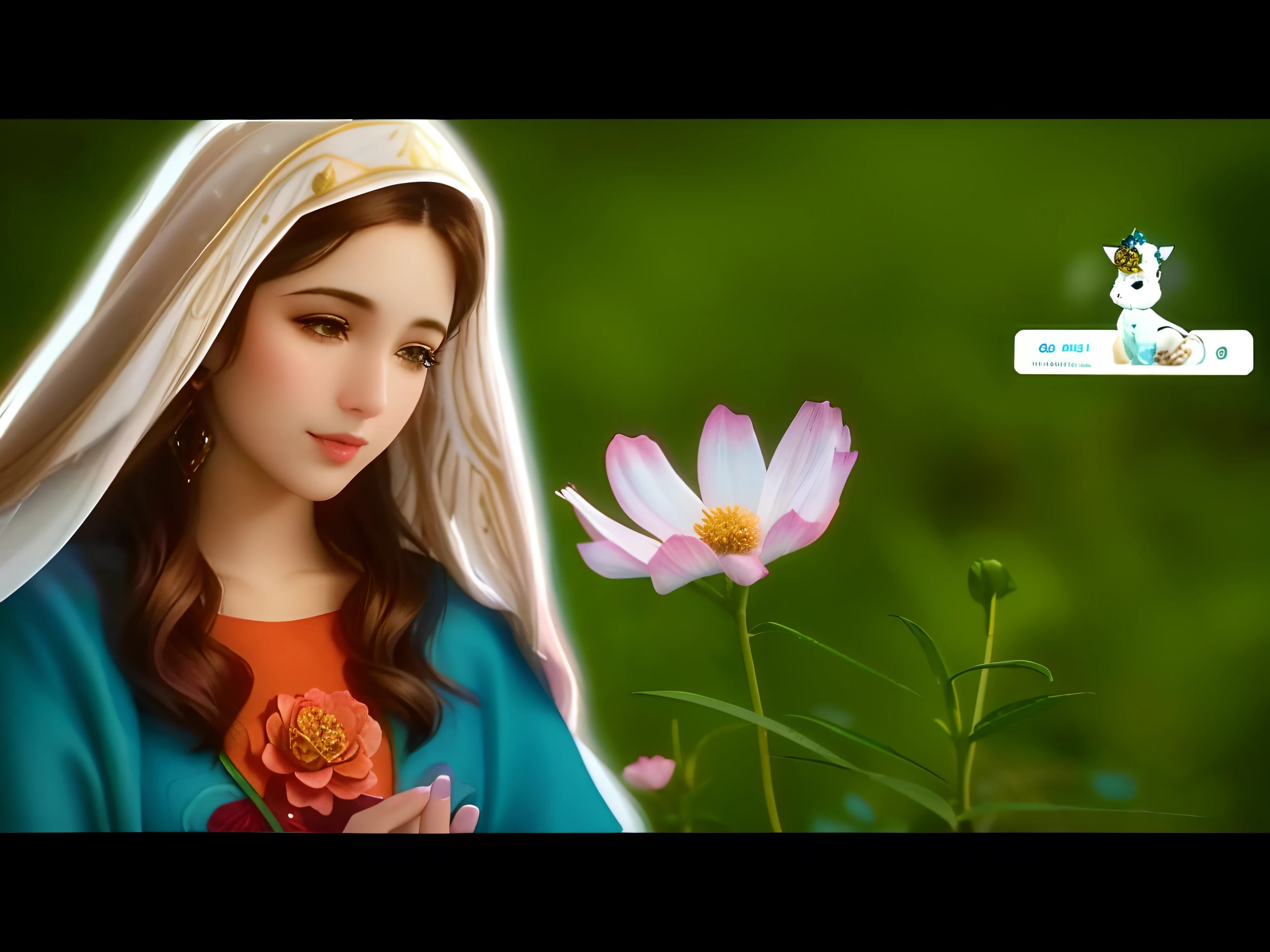 uma mulher em um manto azul segurando uma flor e um cachorro, pintura de bonito, foto muito bonita, A cena mais bonita, o mais bonito, Miniatura do YouTube, majestosa mulher de santo, Rosen Maiden, bela obra-prima, beautiful depiction, [ Arte digital 4K, Virgem Maria, Maya Ali Feiticeiro, Motor irreal ; romantic theme, pintura digital bonita, menina muito bonita