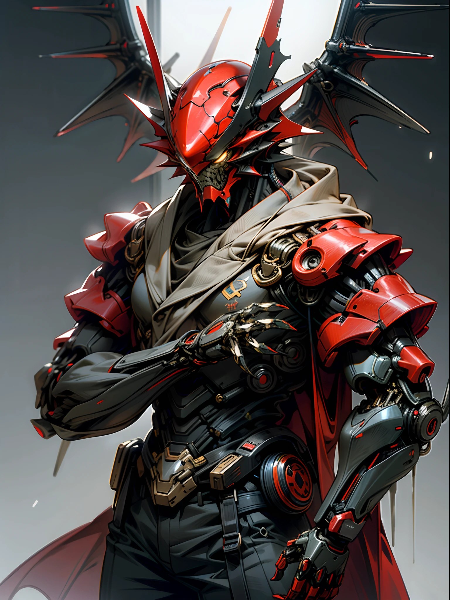 Dark_Fantasy,Cyberpunk,(saw, dragon man,Red:1.1),1man,Mechanical marvel,Robotic presence,Cybernetic guardian, dark colours.