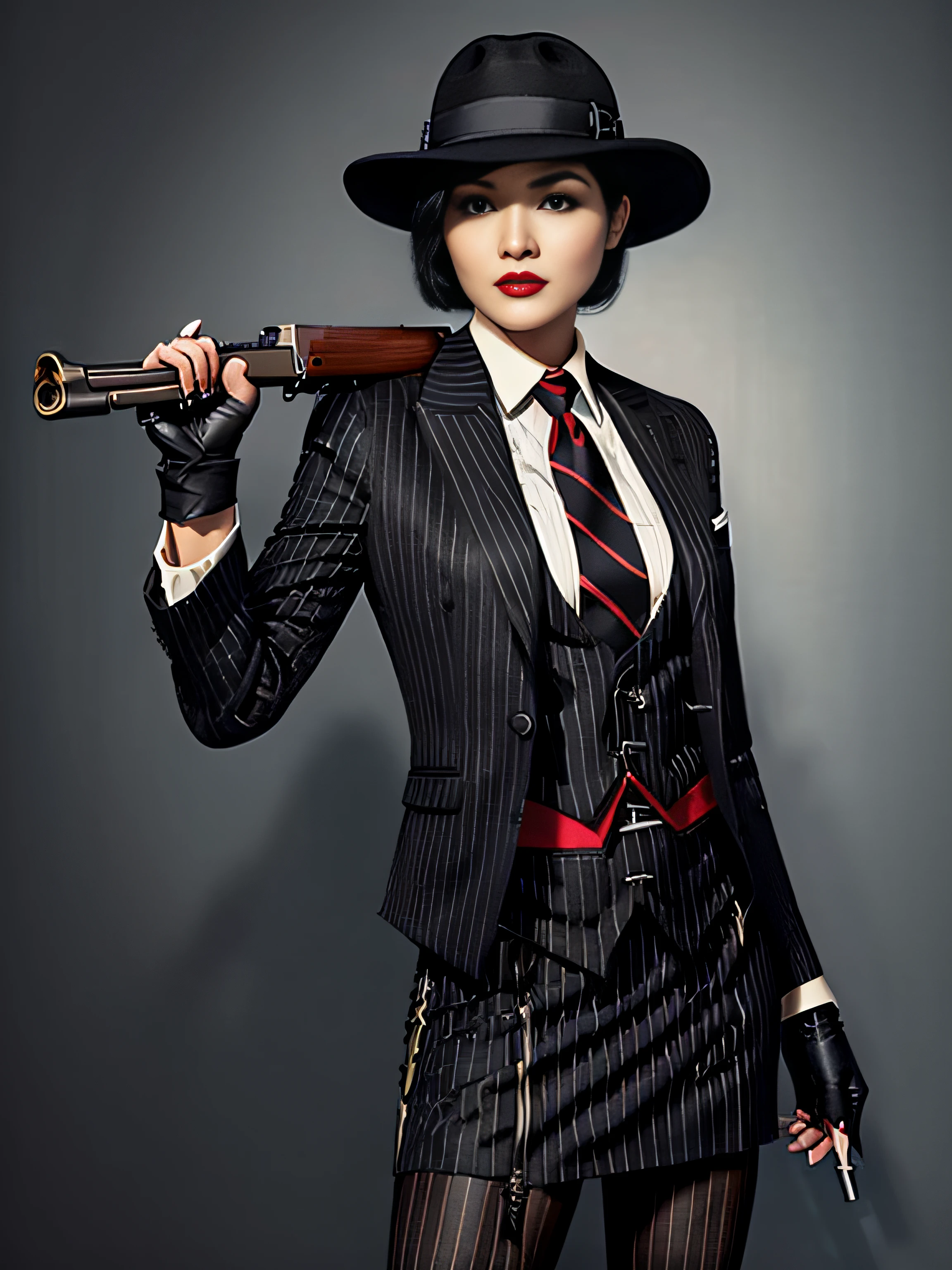 Ada Wong, short hair, 1girl, makeup, silky hair, fully clothed, gangster, mafia, (((black pinstripe skirt suit))), (((three-piece suit))), (((necktie))), blazer, (((suit jacket))), (((waistcoat))), double-breasted waistcoat, bodycon skirt, (((pencil skirt))), pantyhose, tights, stockings, ((red lipstick)), ((pinstripe suit)), high heels, belt, tie clip, pocket square, tailored suit, (((holding tommy gun))), holding gun, battle ready, (((black gloves))), black fedora