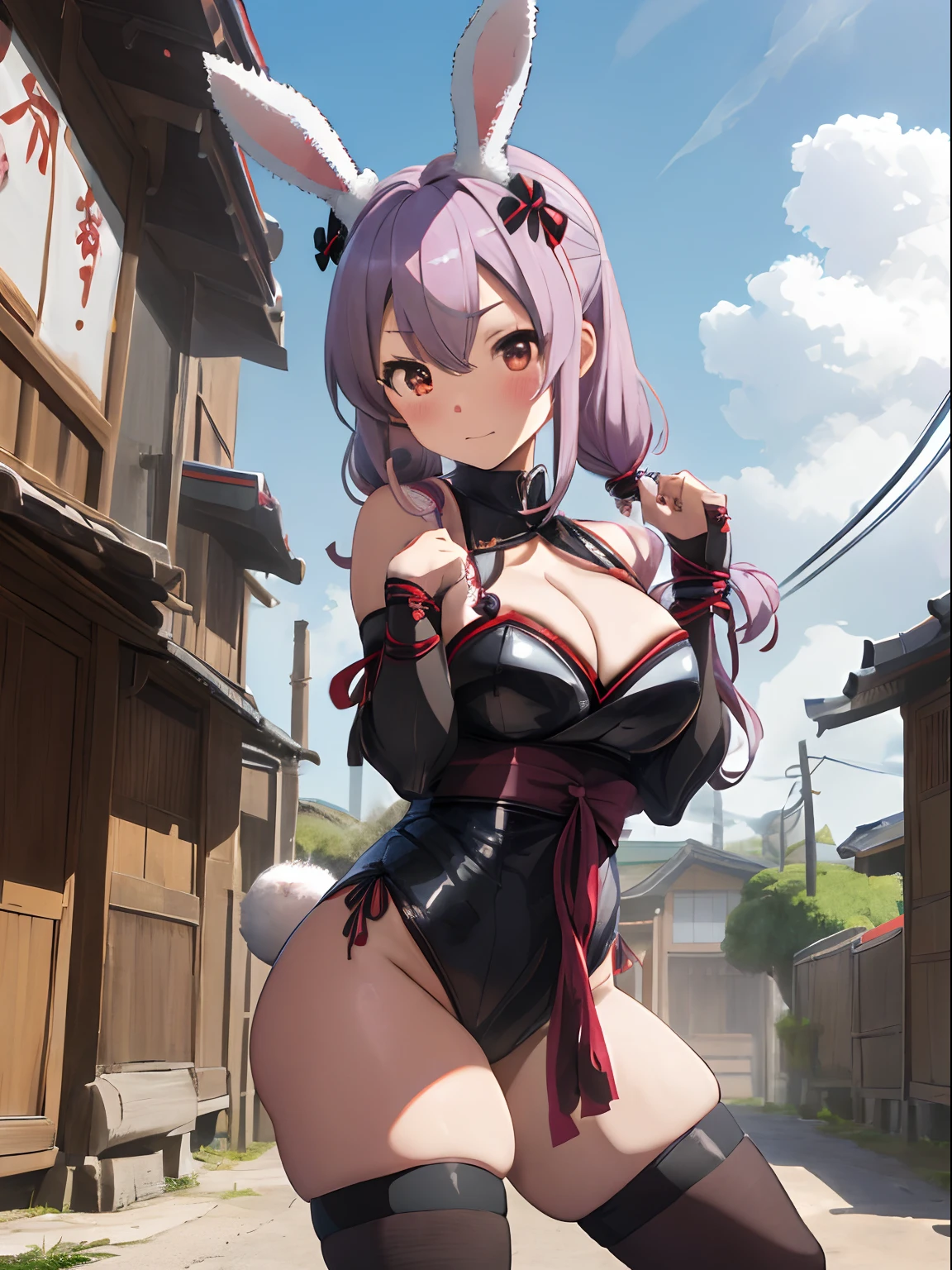 shinobi,ninjartist,Kunoichi,Strange thieves,Rabbit tail in rabbit ears,komono,furisode,fluffy hair,Posing with an embarrassed face、I am holding the rabbit's ears with both hands,You can lean forward and see a little cleavage,