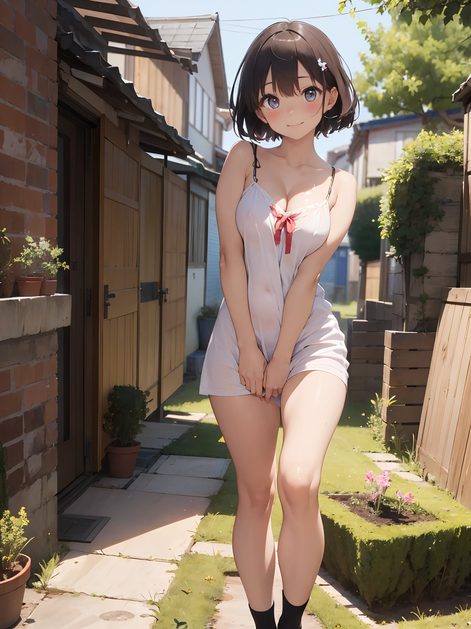 (masterpiece:2.0), (top-quality:2.0), (standing naked in the garden:1.5), (extremely short length camisole dress:1.5), (super sexypose:1.5), (blushed face:1.5), (hide crotch with hand:1.5), (hide chest with hand:1.5), (Spilling boobs:1.5), (realistic:1.5), under the boobs, side boob is visible, naked, 1 little girl, precise small hands, Embarrassed look, light smile, Look at me and smile, extremely cute girl, innocent face, young face, Clear eyes, Shining eyes, small breast, shoulder is visible, Tummy is visible, cleavage of the breast is visible, stomach is visible, the lower abdomen is visible, The buttocks is visible, The crotch is visible, No pubic hair, dynamic posing, The beautiful skin, ultra-definition, Top resolution, japan high school student, brown hair