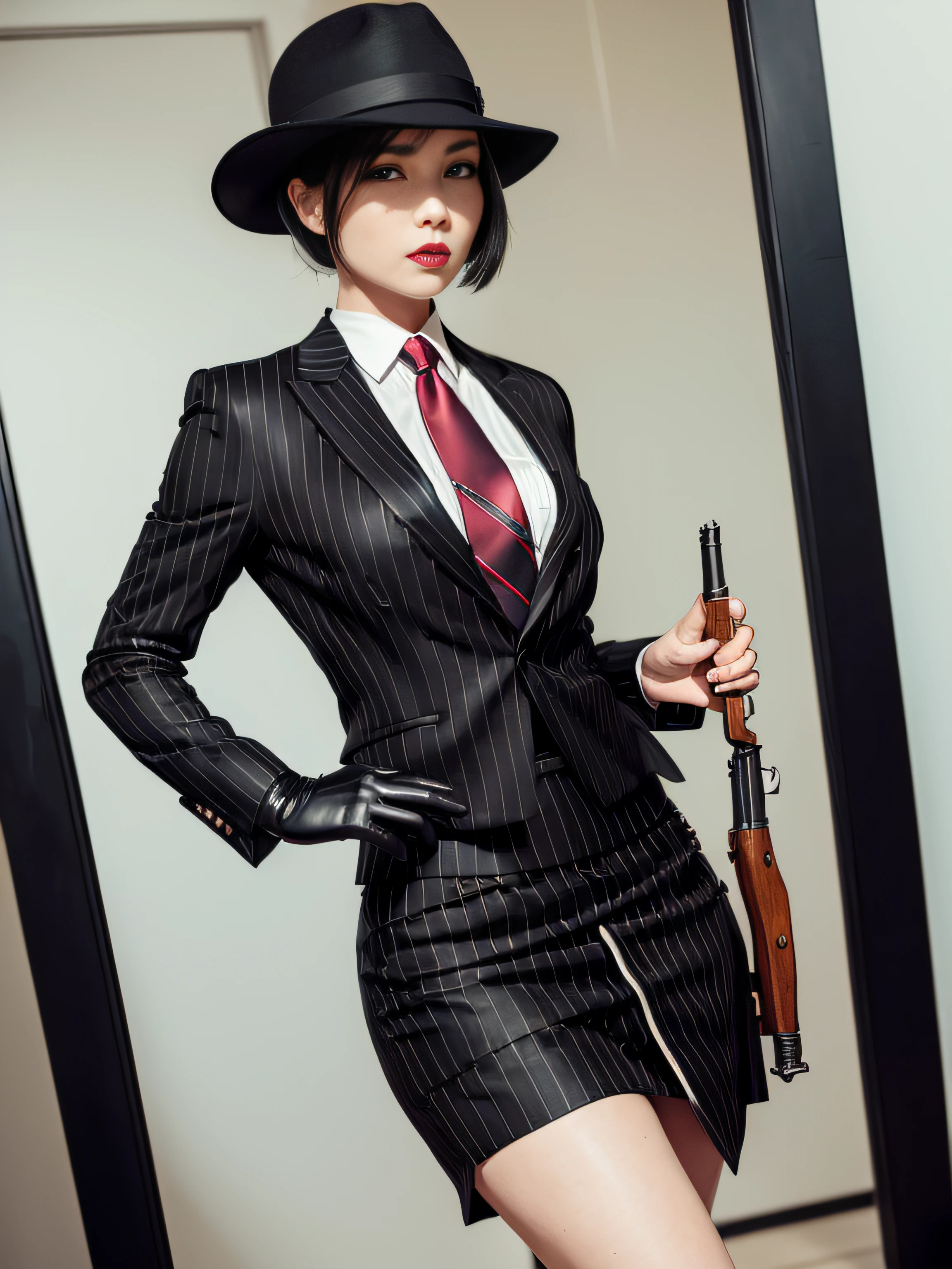 Ada Wong, short hair, 1girl, makeup, silky hair, fully clothed, gangster, mafia, (((black pinstripe skirt suit))), (((three-piece suit))), (((necktie))), blazer, (((suit jacket))), (((waistcoat))), double-breasted waistcoat, bodycon skirt, (((pencil skirt))), pantyhose, tights, stockings, ((red lipstick)), ((pinstripe suit)), high heels, belt, tie clip, pocket square, tailored suit, (((holding tommy gun))), holding gun, battle ready, (((black gloves))), black fedora