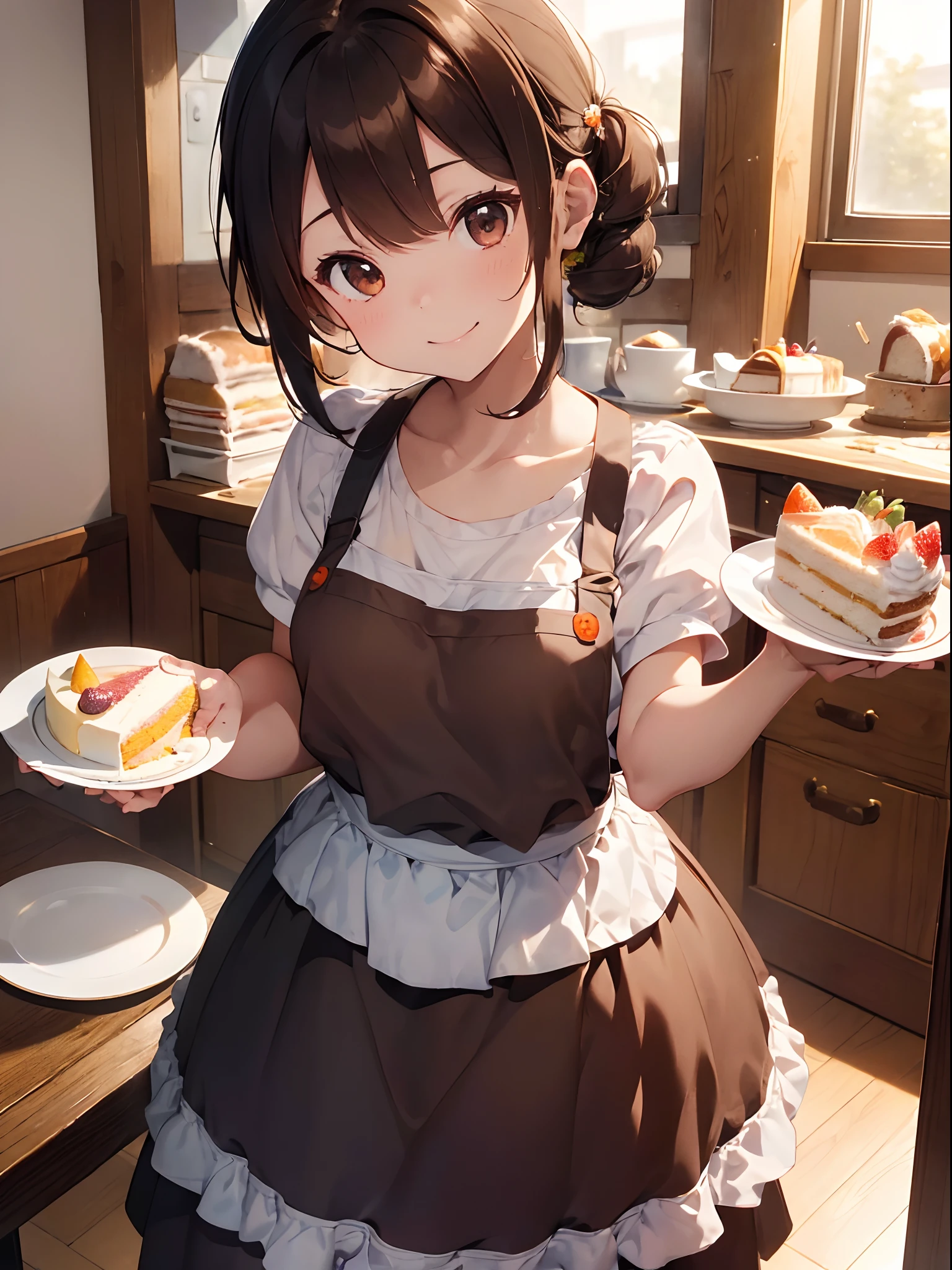 (top-quality)、Girl in an apron serving a cake、kitchin、Bob Hair、Long sideburns、Brown hair、Orange X-shaped hairpin、Apron、Pretty girl with a smile、(((Hold out a plate with a cake on it with both hands)))、Only one cake