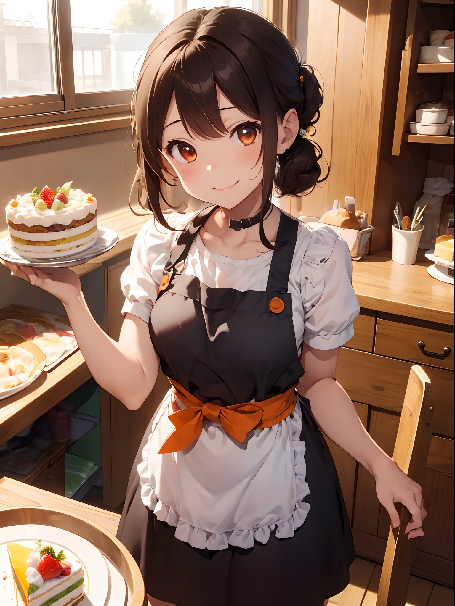 （top-quality）、Girl in an apron serving a cake、kitchin、Bob Hair、Long sideburns、Brown hair、Orange X-shaped hairpin、Apron、Pretty girl with a smile、Hold out a plate with a cake on it、Only one cake