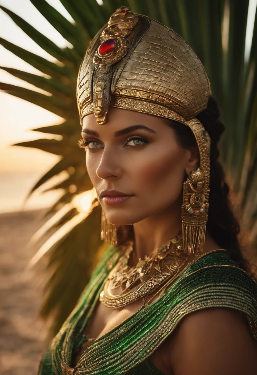((best-Quality)), ((ultra resolution)), ((Photorealistic)), (intricate details)Cinematic Lighting, Muted colors, Perfect eyes, 1,5 light face, Hyper realistic photoshoot portrait of a woman with green eyes i futuristic headdress inspired by an ancient egypt mask, Cleopatra, details, gold, cyber punk, micro chips, cables, silver, stones, snake, scarab beetle, green eyes, behind her there is a beach with some palmtrees, sunset with a red glowing sun, she leans towards a palmtree