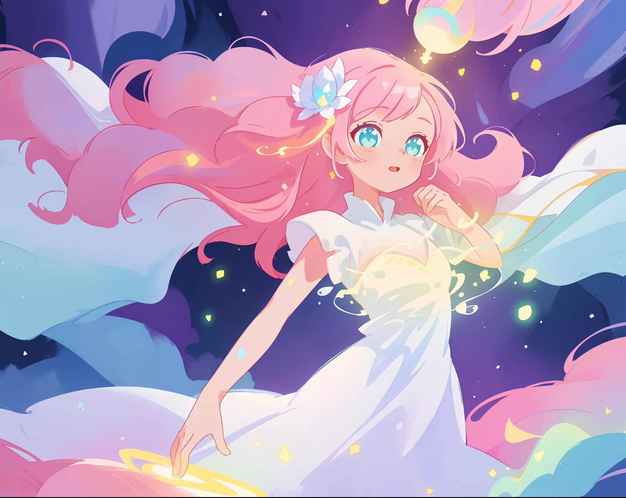 beautiful girl in glowing white dress, ((flowing white ballgown)), vibrant pastel colors, (colorful), magical lights, long flowing colorful pink hair, ((glowing aura around her)), flowing glowing hair, fantasia landscape background, whimsical, magical, fantasy, beautiful face, ((masterpiece, best quality)), intricate details, highly detailed, sharp focus, 8k resolution, sparkling detailed eyes, liquid watercolor