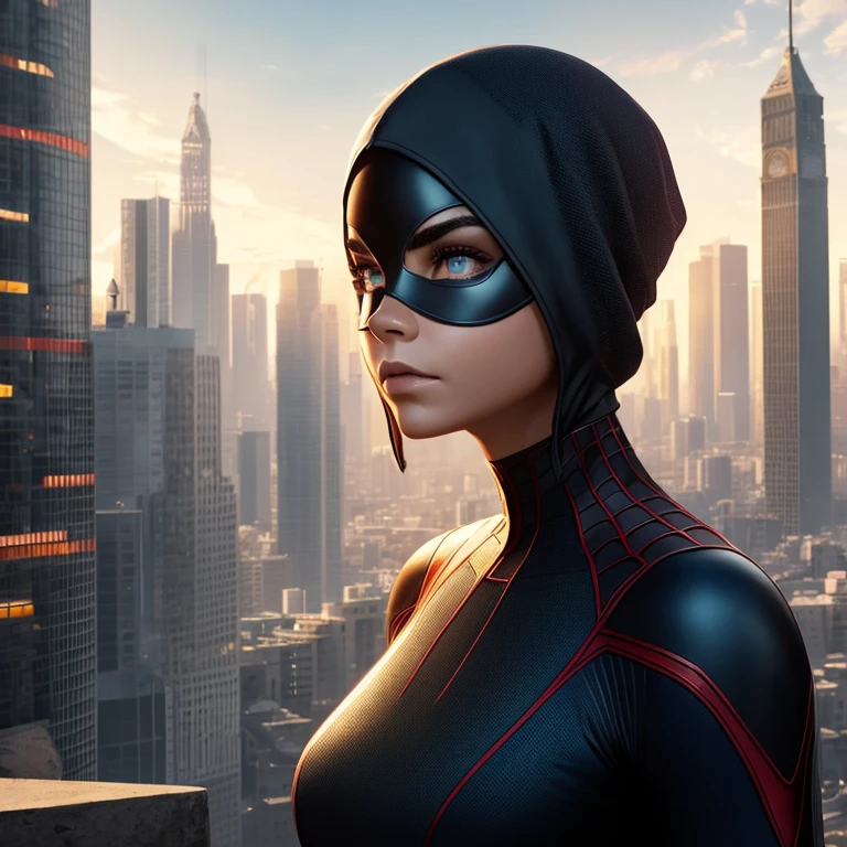 solamente, (((Cara muy detallada)))), ((Ojos y cara muy detallados))), Hermosos ojos de detalle, partes del cuerpo__, Arte Oficial, Fondo de pantalla unificado de 8k, Super detailed, hermoso y hermoso, Beautiful, Obra maestra, La mejor calidad, Texto original en, Obra maestra, Super fine photo, La mejor calidad, Super High Resolution, Realismo realista, luz del sol, Retrato de cuerpo entero, Amazing beauty, dynamic pose, cara delicada, Ojos vibrantes, (desde el frente), ella lleva un traje de Spider-man, Esquema de color rojo y negro, spider, Fondo muy detallado del techo de la ciudad, azotea, con vistas a la ciudad, Cara detallada, Antecedentes ocupados complejos detallados, Desordenado, splendid, blanco lechoso, Piel altamente detallada, Detalles realistas de la piel, poros visibles, Enfoque claro, volumetric mist, 8k UHD, digital SLR camera, alta calidad, Film grain, piel clara, Foto realism, lomography, Futuristic dystopian giant metropolis, Translucent