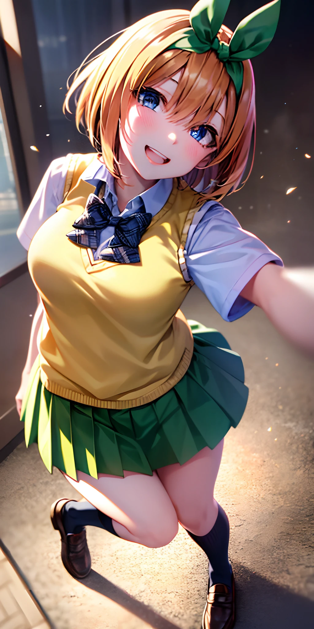 yotsubanakano, yotsuba nakano, bangs, short hair, blue eyes, hair between eyes, hair ribbon, hairband, orange hair, green ribbon,
BREAK skirt, shirt, bow, ribbon, school uniform, white shirt, short sleeves, pleated skirt, shoes, socks, collared shirt, miniskirt, bowtie, black footwear, kneehighs, green skirt, black socks, loafers, green bow, sweater vest, green ribbon, (yellow sweater vest:1.5),
BREAK looking at viewer,
BREAK indoors, classroom,
BREAK ultra-detailed, best quality, high resolution, unity 8k wallpaper, extremely detailed CG, (beautiful detailed eyes:1.6), extremely detailed face, perfect lighting, extremely detailed CG, (perfect hands, perfect anatomy),
happy smile, laugh, grin,white teeth, wide-eyed, dynamic pose, head tilt, from above, looking up at viewer,