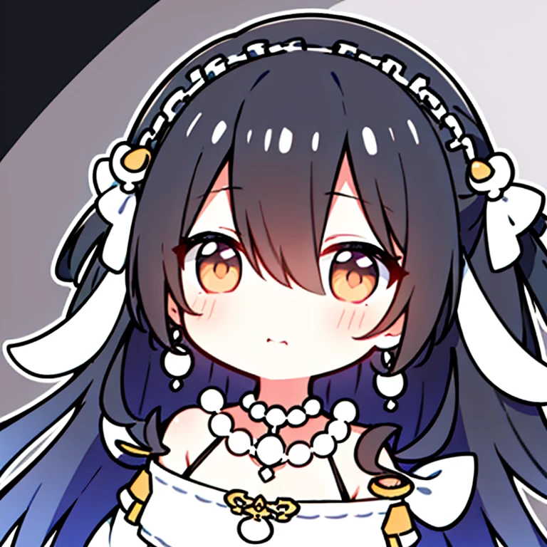 (Chibi:1.1),1girl in,sankta. louis \(luxurious wheels\) \(azur lane\),
Black Hair Ornaments, earrings, Pearl Necklace, Portrait, Silver dress, Revealing clothes,