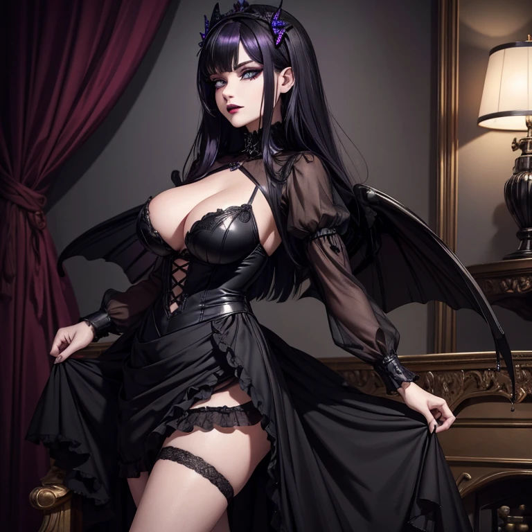 one girl, Dark Butterfly Wings , Black Dress, Gothic Style, Loita Dress, Black Boots, Black Stockings, Dark and Purple Hair , Eyes Shadows ++ , Darker Lips + , Gothic make-up, (Best quality:1.1), (Masterpiece:1.4), 1fille, (cheveux volumineux)+ , cheveux longs , (Yeux Bleux) , gros seins , (Large, dark lips)+ , peau brillante, brillant, starry night, dans une chambre, Bas dentelle,