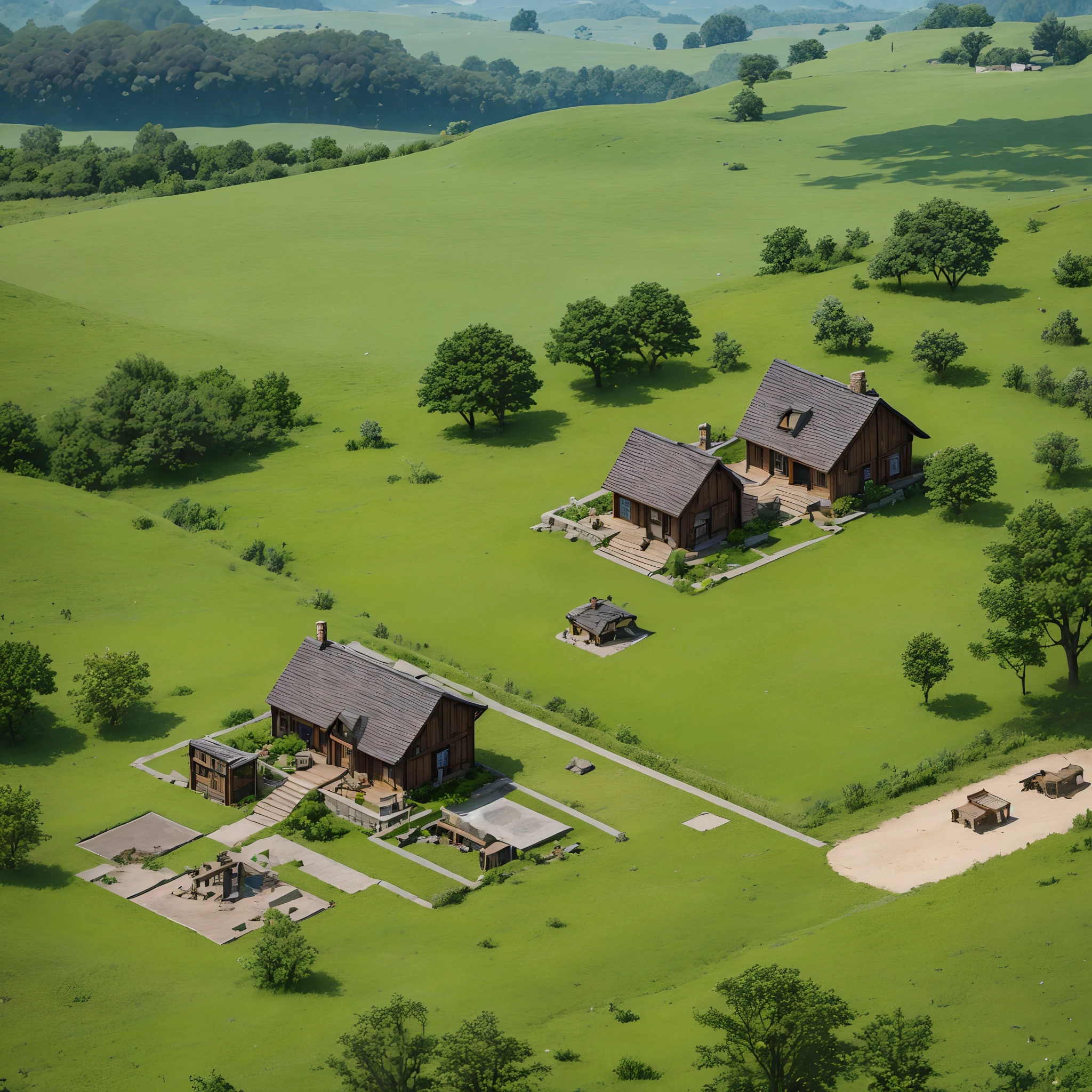a house on a meadow with trees, details of the ground, stones, sawmill, blacksmith, carpentry, cabin, isometric water well, warcraft and world of warcraft RPG style, fantasy, mobile game