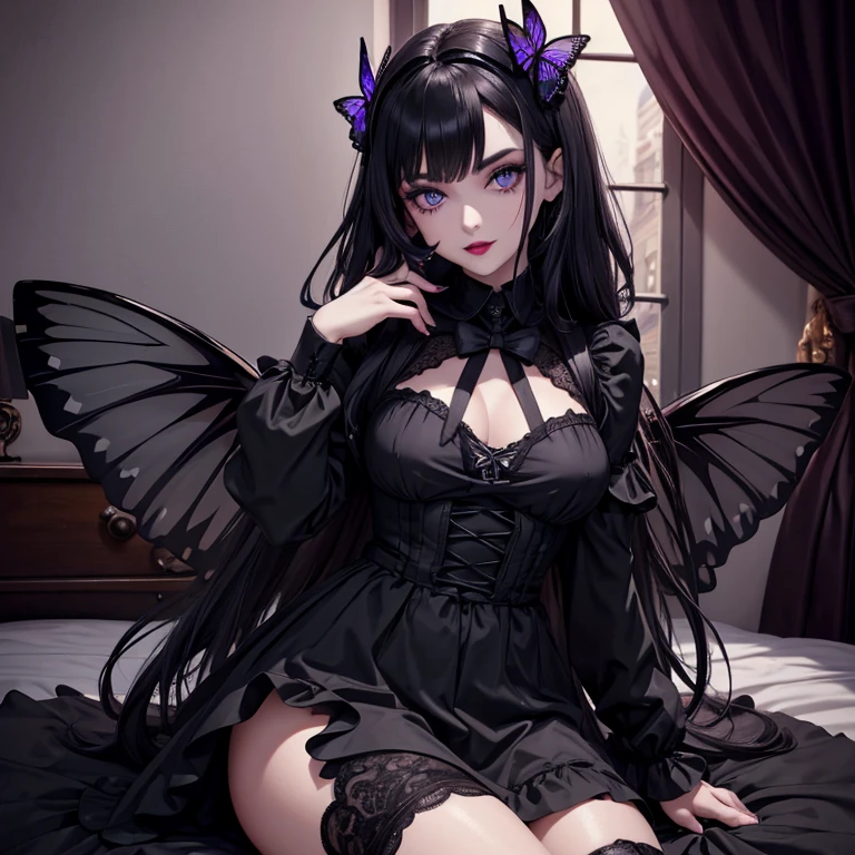 one girl, Dark Butterfly Wings , Black Dress, Gothic Style, Loita Dress, Black Boots, Black Stockings, Dark and Purple Hair , Eyes Shadows ++  , Darker Lips + , Gothic make-up, (Best quality:1.1), (Masterpiece:1.4), 1fille, (cheveux volumineux)+ , cheveux longs , (Yeux Bleux) , gros seins , (Large, dark lips)+ , peau brillante, brillant, starry night, dans une chambre, Bas dentelle,