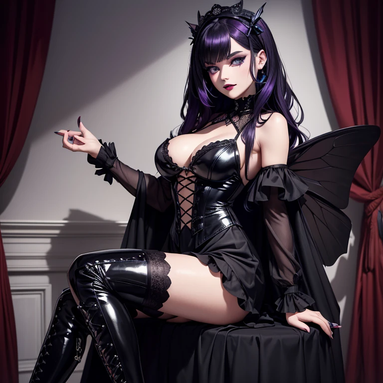 one girl, Dark Butterfly Wings , Black Dress, Gothic Style, Loita Dress, Black Boots, Black Stockings, Dark and Purple Hair , Eyes Shadows ++  , Darker Lips + , Gothic make-up, (Best quality:1.1), (Masterpiece:1.4), 1fille, (cheveux volumineux)+ , cheveux longs , (Yeux Bleux) , gros seins , (Large, dark lips)+ , peau brillante, brillant, starry night, dans une chambre, Bas dentelle,