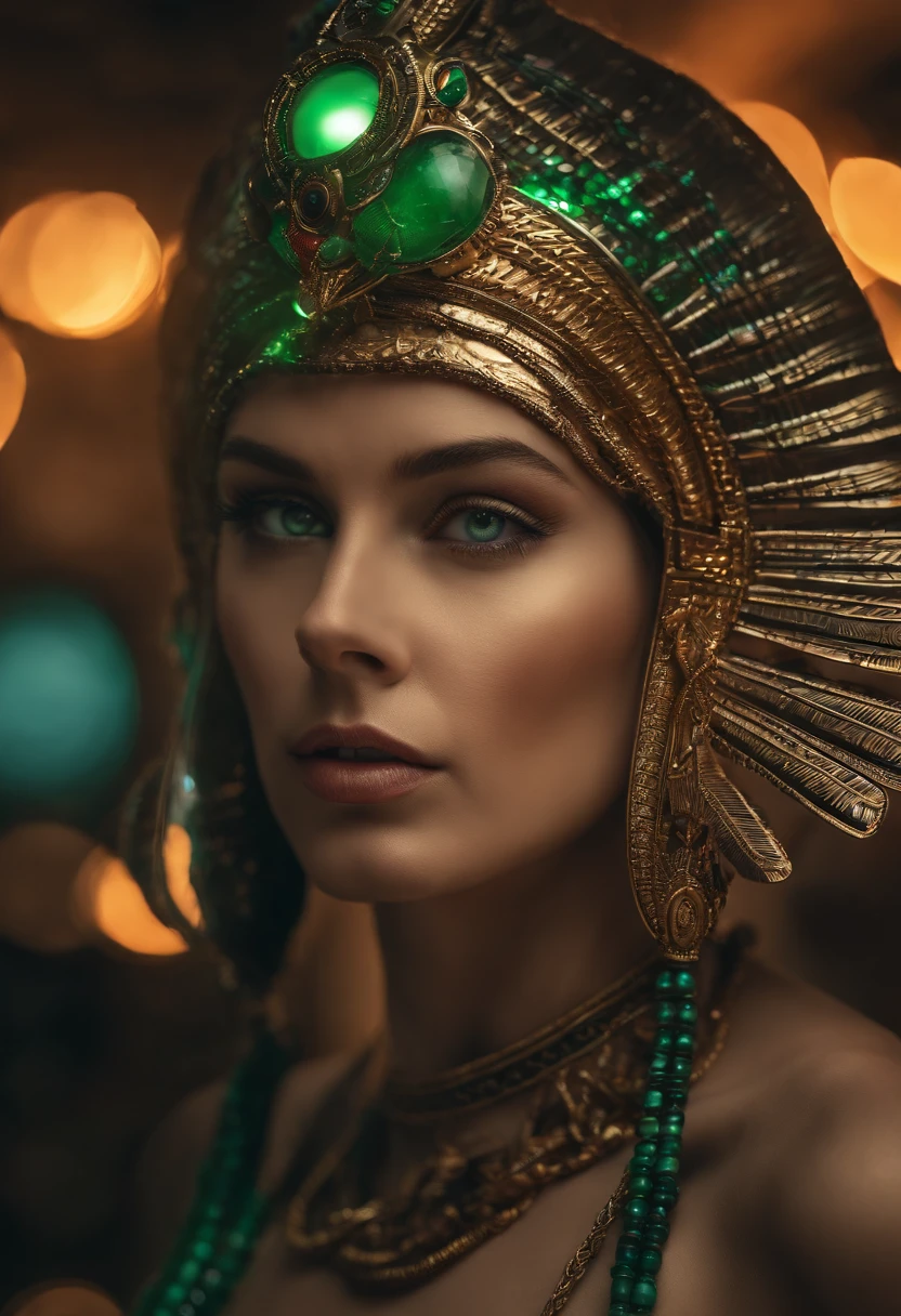 ((best-Quality)), ((ultra resolution)), ((Photorealistic)), (intricate details)Cinematic Lighting, Muted colors, Perfect eyes, 1,5 light face, Hyper realistic photoshoot portrait of a woman with green eyes i futuristic headdress inspired by an ancient egypt headdress, Cleopatra, details, gold, cyber punk, micro chips, cables, silver, stones, snake, scarab beetle, green eyes, behind her there is a beach with some palmtrees, sunset with a red glowing sun, she leans towards a palm tree, retro futurism, mecha-girl
