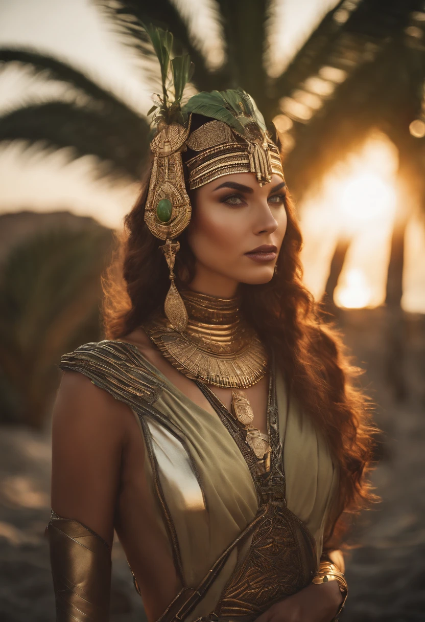 ((best-Quality)), ((ultra resolution)), ((Photorealistic)), (intricate details)Cinematic Lighting, Muted colors, Perfect eyes, 1,5 light face, Hyper realistic photoshoot portrait of a woman with green eyes i futuristic headdress inspired by an ancient egypt headdress, Cleopatra, details, gold, cyber punk, micro chips, cables, silver, stones, snake, scarab beetle, green eyes, behind her there is a beach with some palmtrees, sunset with a red glowing sun, she leans towards a palm tree, retro futurism, mecha-girl