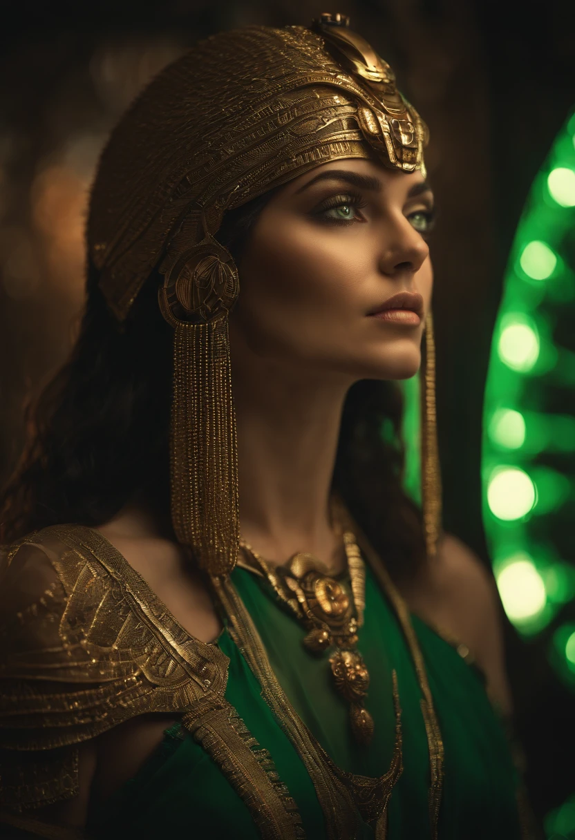 ((best-Quality)), ((ultra resolution)), ((Photorealistic)), (intricate details)Cinematic Lighting, Muted colors, Perfect eyes, 1,5 light face, Hyper realistic photoshoot portrait of a woman with green eyes i futuristic headdress inspired by an ancient egypt headdress, Cleopatra, details, gold, cyber punk, micro chips, cables, silver, stones, snake, scarab beetle, green eyes, behind her there is a beach with some palmtrees, sunset with a red glowing sun, she leans towards a palm tree, retro futurism, mecha-girl